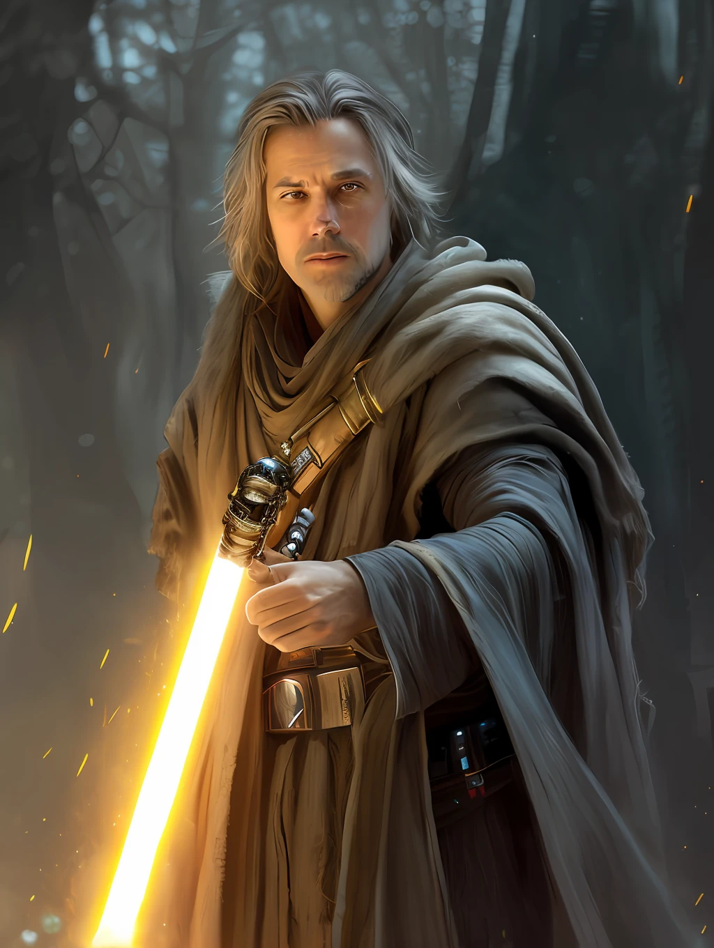 medium range portrait of a hyperdetailed in the style of a A Star Wars’s Jedi Grandmaster in the style of Mark Demsteader, wizard dnd character, (pleasant:1.3) thoughtful expression, (using a light saber:1.3), cinematic shot on canon 5d ultra realistic skin, Steve Henderson Fabian Perez Henry Asencio, Jeremy Mann Marc Simonetti fantasy magical horror atmosphere, (highly detailed environment:1.3)