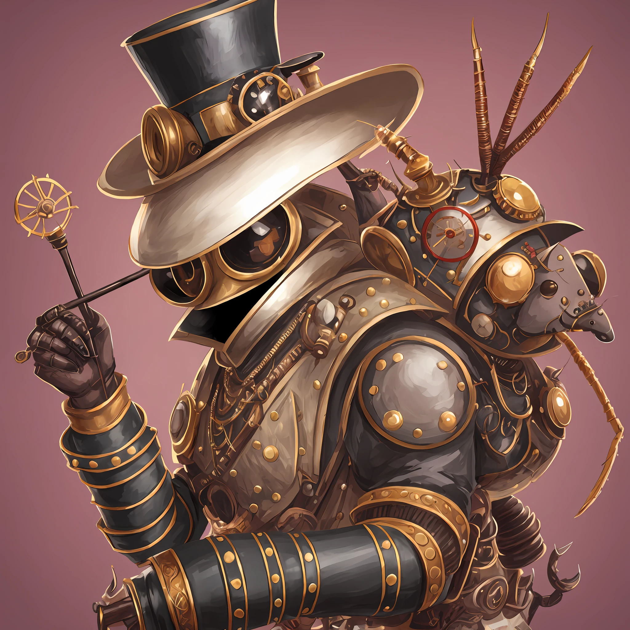 There is a cartoon cockroach with a top hat and a cane, cheap character, lady cockroach, antasy character, cockroach, John Lennon as a deer beetle, insect, 2. 5D illustration, mascot illustration, wine, humanoid cockroach, intelligent cockroach, steampunk insect, wearing a monocle, cockroach, steampunk robot cockroach, merged character --auto --s2