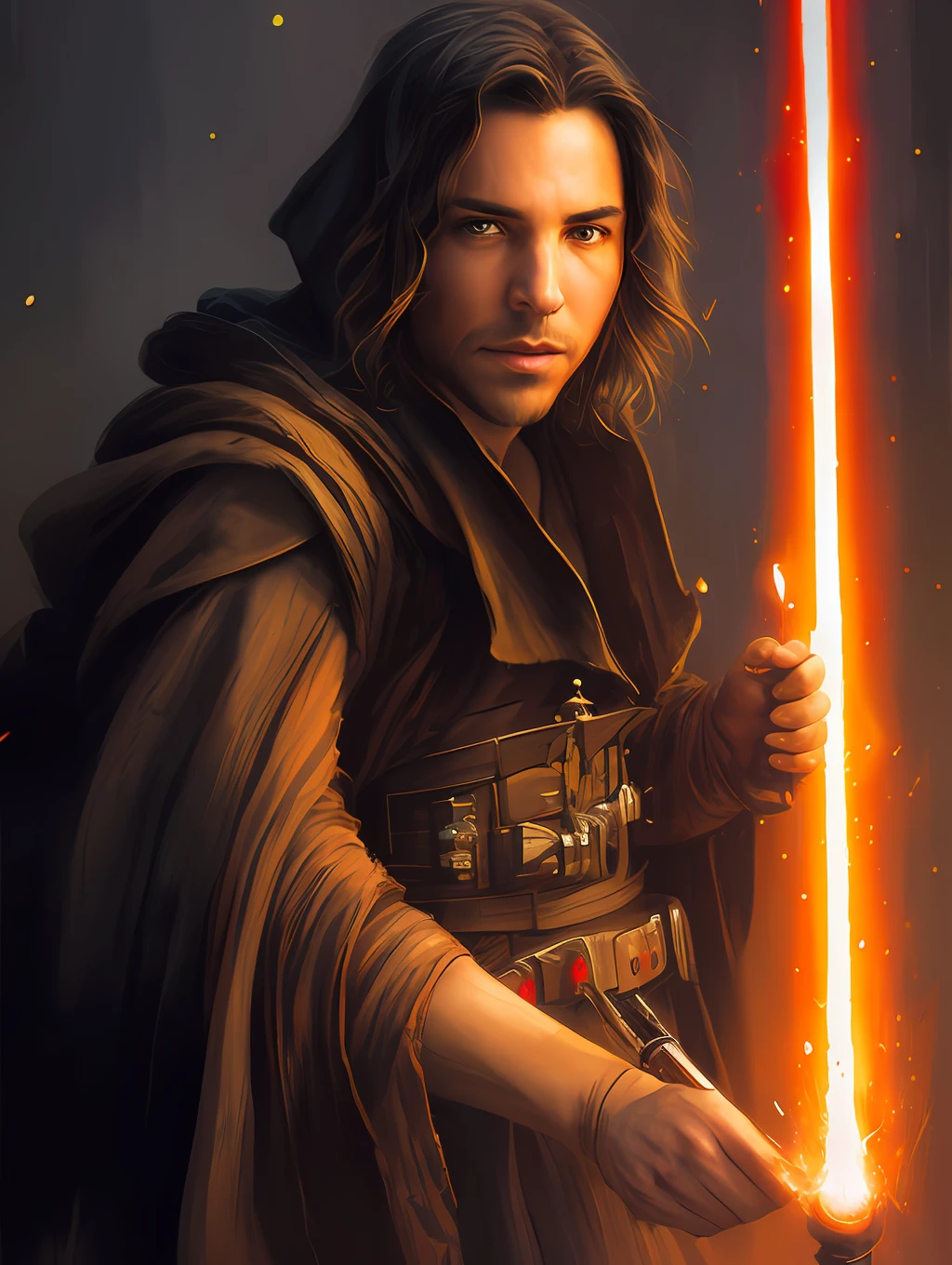 medium range portrait of a hyperdetailed in the style of a A Star Wars’s Jedi Grandmaster in the style of Mark Demsteader, wizard dnd character, (pleasant:1.3) thoughtful expression, (using a light saber:1.3), cinematic shot on canon 5d ultra realistic skin, Steve Henderson Fabian Perez Henry Asencio, Jeremy Mann Marc Simonetti fantasy magical horror atmosphere, (highly detailed environment:1.3)