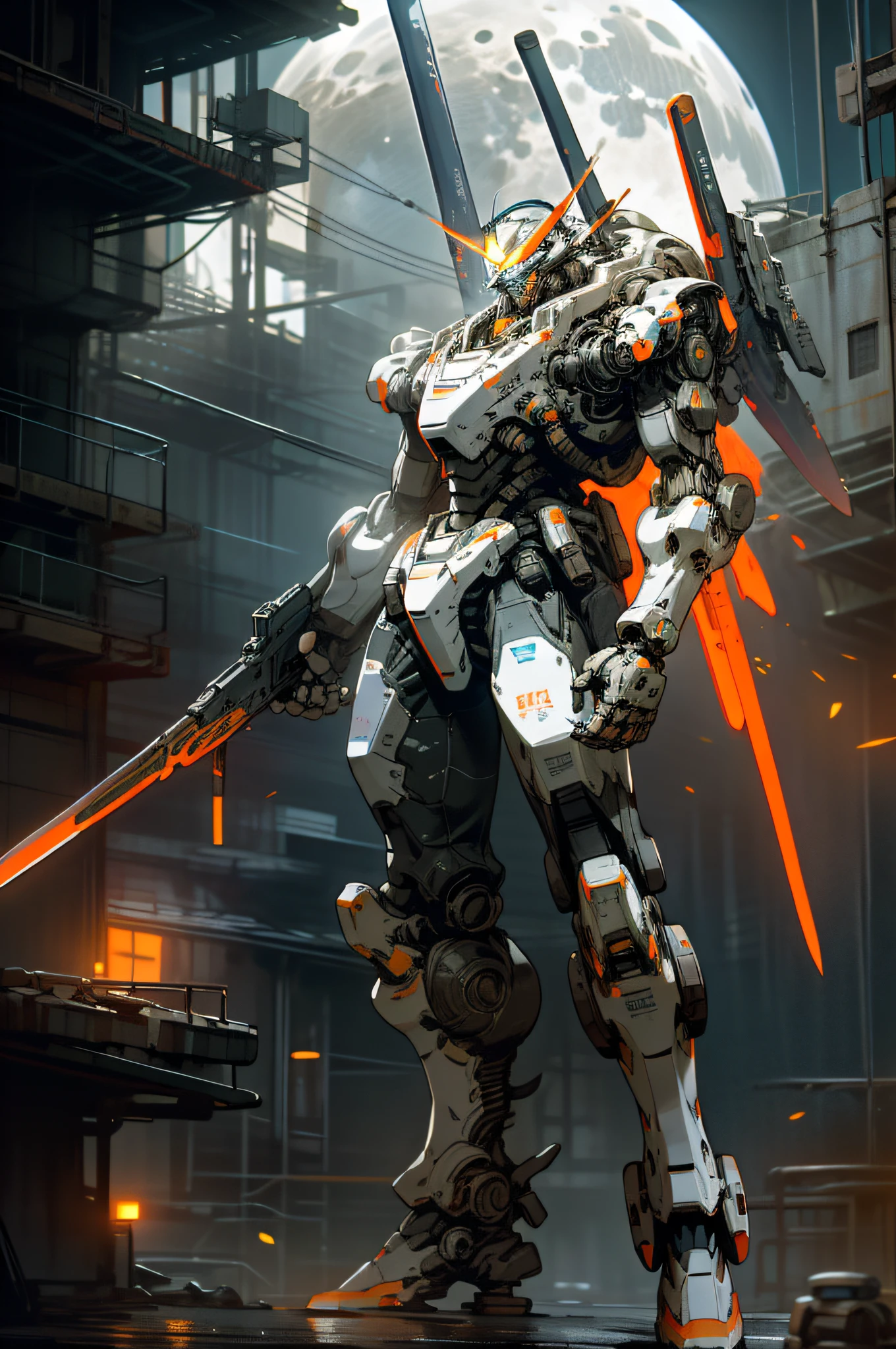 On the moon,barren planets, ruins, holding_weapon, no_humans, glowing, robot, building, glowing_eyes,orange mecha, science_fiction, city, realistic,mecha,Milky Way Galaxy background,full body,neon,cyberpunk,