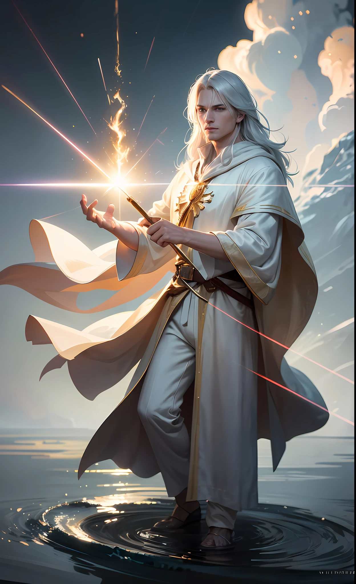 photorealistic photo of a handsome young male wizard, white wizard shirt with golden trim, white robe moving in the wind, long white hair, fully clothed, perfect face, handsome, (perfect composition:1.4), deviantart hd, artstation hd, concept art, detailed face and body, award-winning photography, margins, detailed face, detailed hands, ,backlight, 12k ultrarealistic, ray tracing, intense gaze, looking at the viewer, cinematic lighting, art by Grzegorz Rutkowski, embers, high fantasy background, action pose, hands up to 90 degrees, holding a small magic wand, water splash, misty