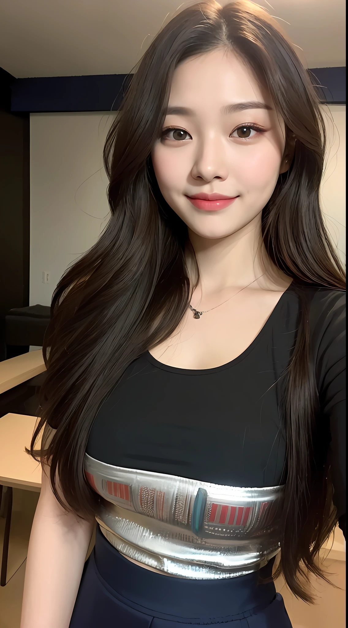 ((Midnight, Acura, 8K, Masterpiece: 1.3)), Full body, Long legs, Focal length: 1.2, Perfect Body Beauty: 1.4, Slim Abs: 1.1, ((Dark Brown Hair, Big Breasts: 1.2 )), (T-shirt, skirt, standing: 1.2), ((City, Stand, Automotive: 1.3)), Highly detailed face and skin texture, Detailed eyes, Double eyelids, smile