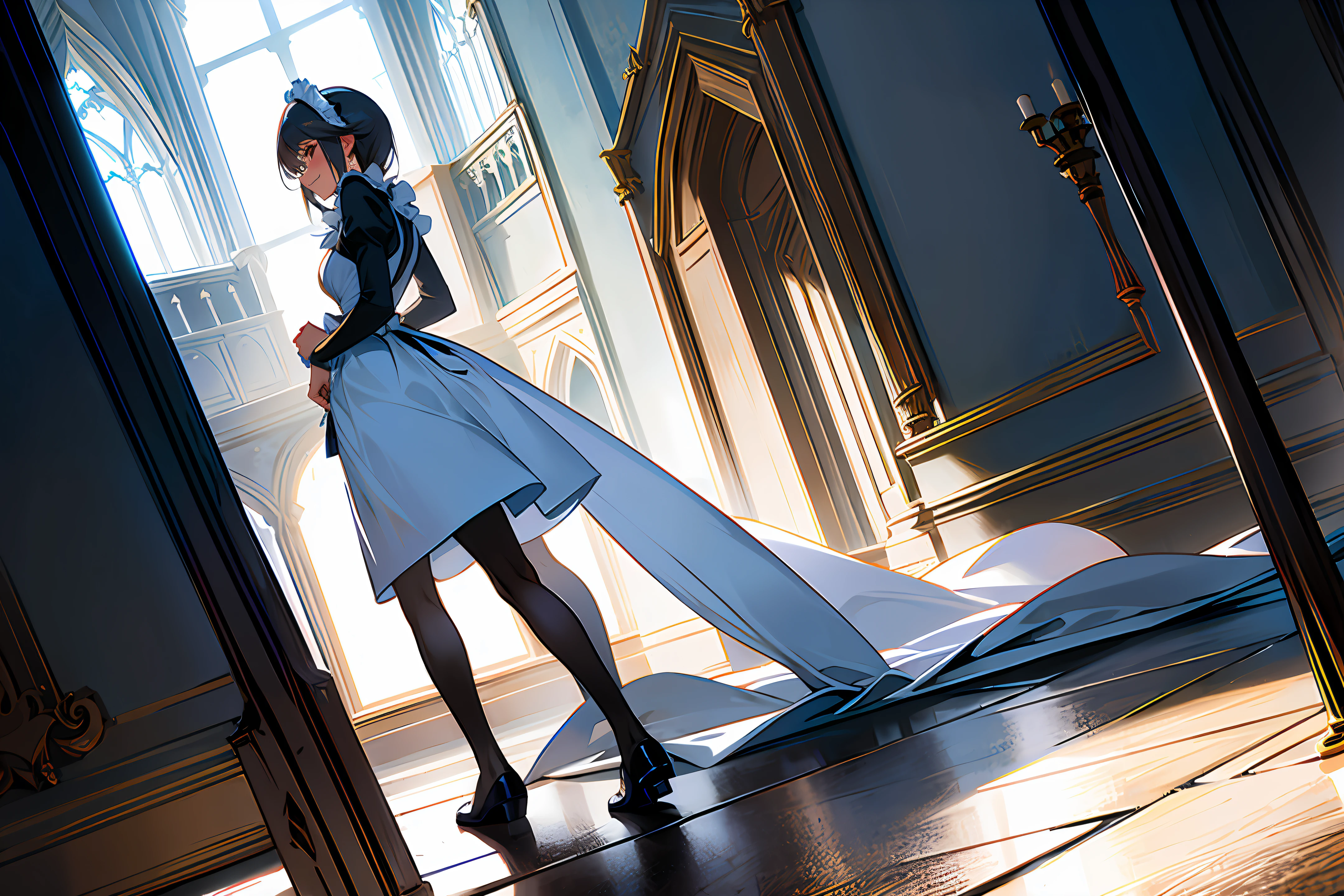 A fully naked maid dressed in a maid's costume walked inside the castle, her graceful posture and neat uniform highlighting her professionalism and elegance.