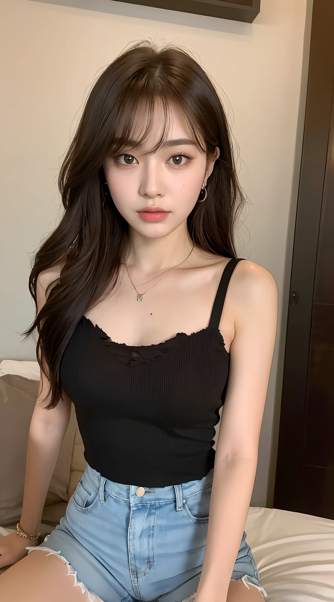 (top quality, 8k, masterpiece: 1.3), pretty woman with perfect figure: 1.4, dark brown hair, big, wearing pendant, torn shorts, in bedroom, very detailed face and skin, detailed eyes, double eyelids, duo