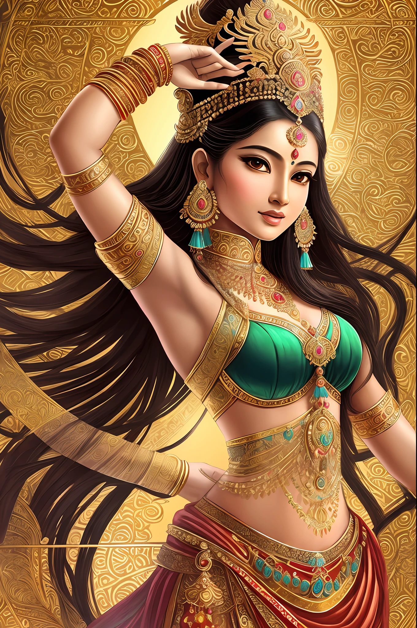 Beautiful Indian goddess dancing with both hands, body with four arms, elegant beauty, gilded lotus princess, a beautiful fantasy queen, ancient Indian princess, ((beautiful fantasy queen)), goddess. Extremely high detail, portrait of beautiful goddess, princess of ancient Asian dynasty, Indian goddess of wealth, beautiful goddess, ancient Chinese beauty --auto --s2