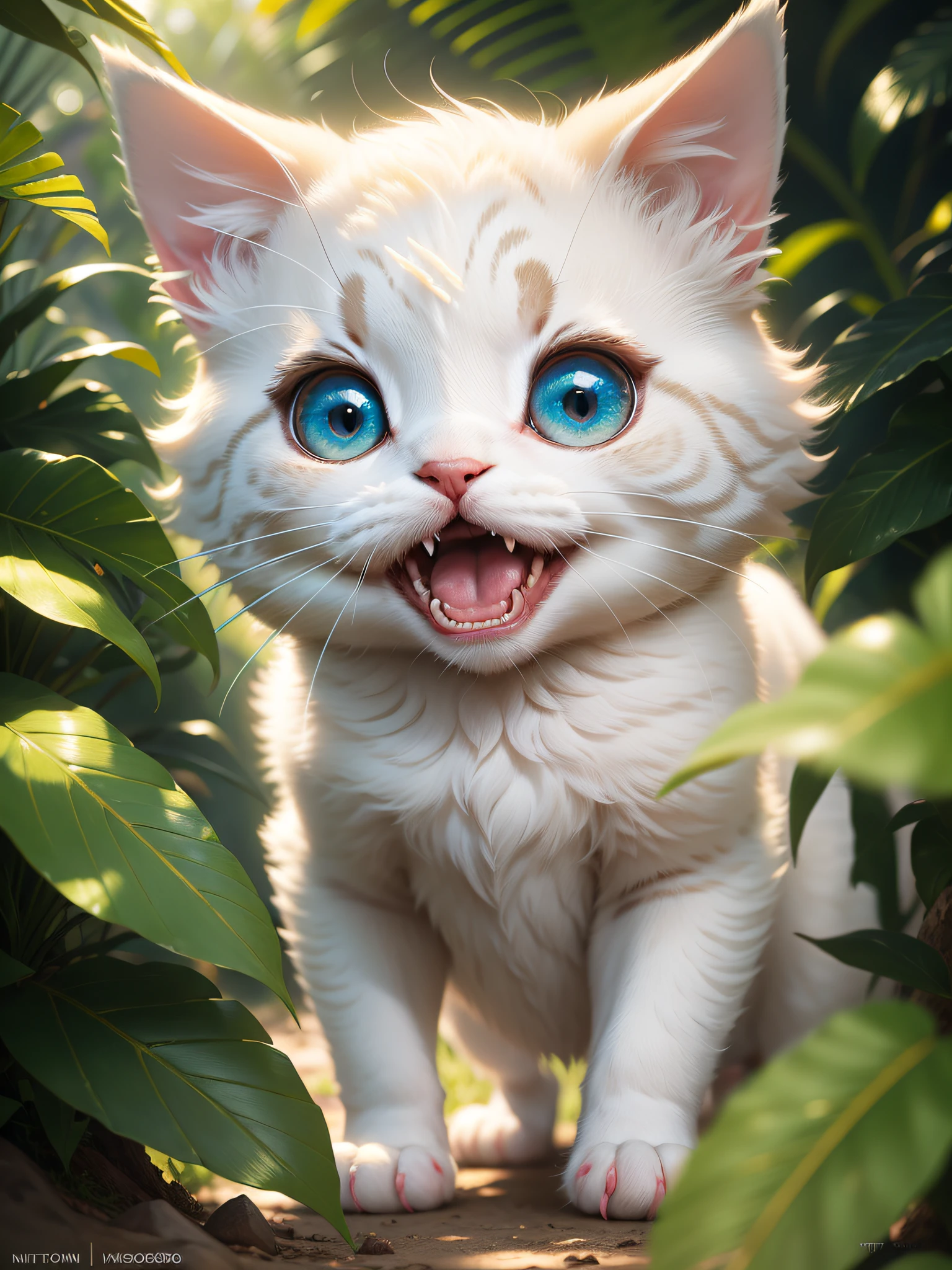 Very cute furry white tropical punk kitten, big eyes, flowers, bushes, full body, open mouth, laugh, professional light, depth of field 8k, golden magic moment, professional photography, octane rendering, super realistic - amazing sunlight, dynamic composition, photography, sharp focus, background bokeh, open mouth, laugh !!! --auto --s2