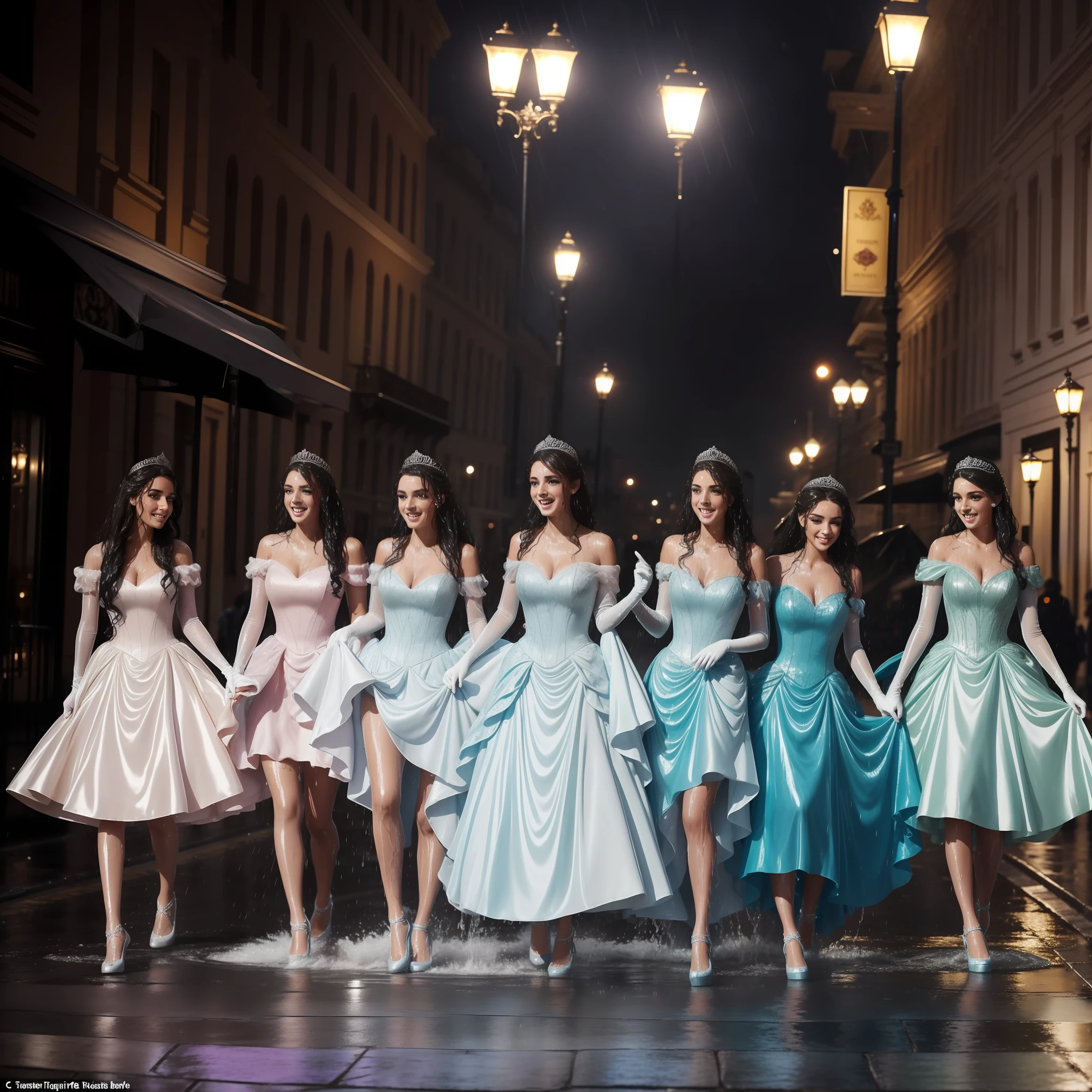 a group of beautiful princesses, dressed for a royal ball (ballgowns, long gloves, tiaras), dancing in the street at night in the rain, wet hair, wet dresses (((drenched))) (((soaked))) (((dishevelled))) (((clinging)))