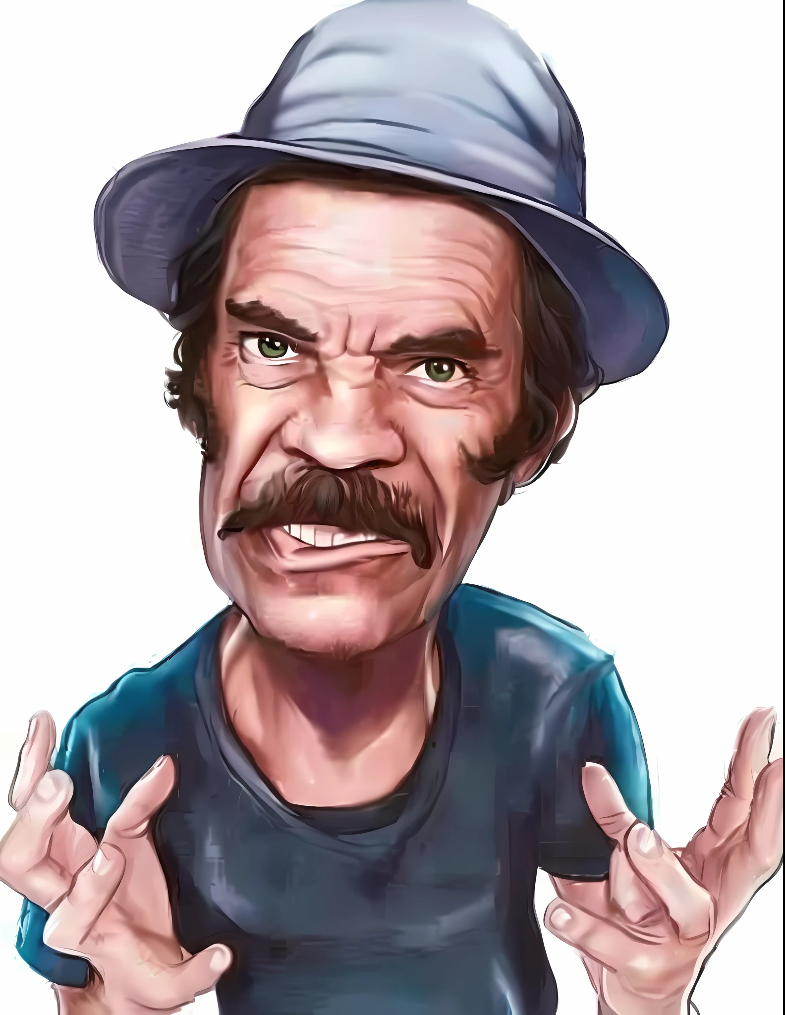 A cartoon of a man with a hat and a mustache, Don Ramon, Jack Nicholson, Jack Nicholson is the bottle, Jim Carrey caricature realism, Robert Crumb photorealism, caricature style, Robert Crumb style, Caricature, animatronic John C. Reilly, angry man, caricaturist, caricaturist, cartoonish, angry Bob Ross, caricature illustration, cartoon image REALISTIC PAINTING