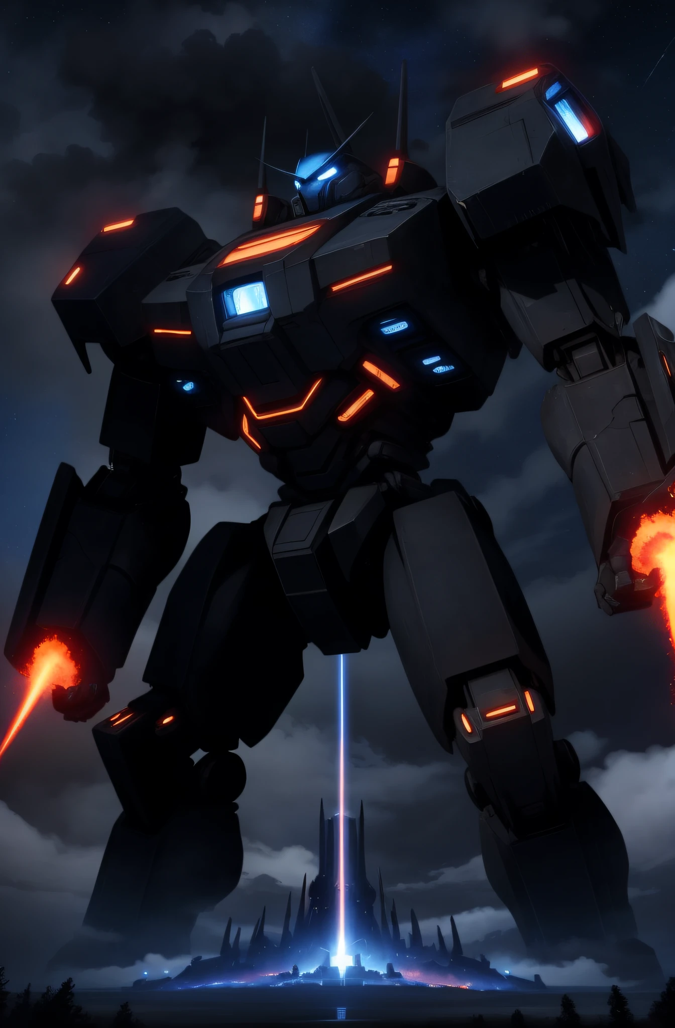 Masterpiece, best quality, super giant mech, towering into the clouds, no humans, black armor, blue eyes, science fiction, fire, laser cannon beam, war, conflict, destroyed building background, (night), darkness, no light, starry sky