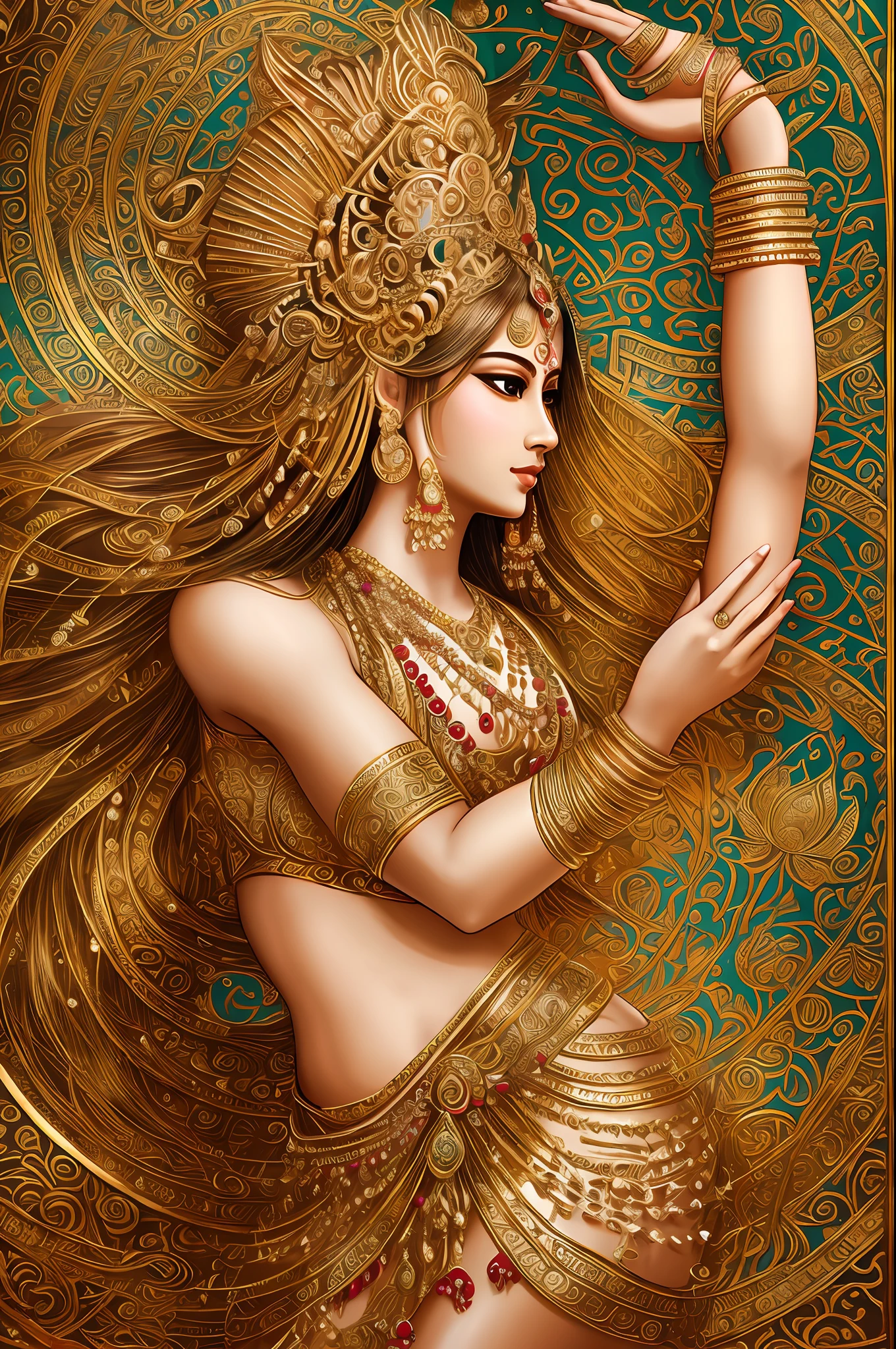 Beautiful Indian goddess dancing with both hands, body with four arms, elegant beauty, gilded lotus princess, a beautiful fantasy queen, ancient Indian princess, ((beautiful fantasy queen)), goddess. Extremely high detail, portrait of beautiful goddess, princess of ancient Asian dynasty, Indian goddess of wealth, beautiful goddess, ancient Chinese beauty --auto --s2