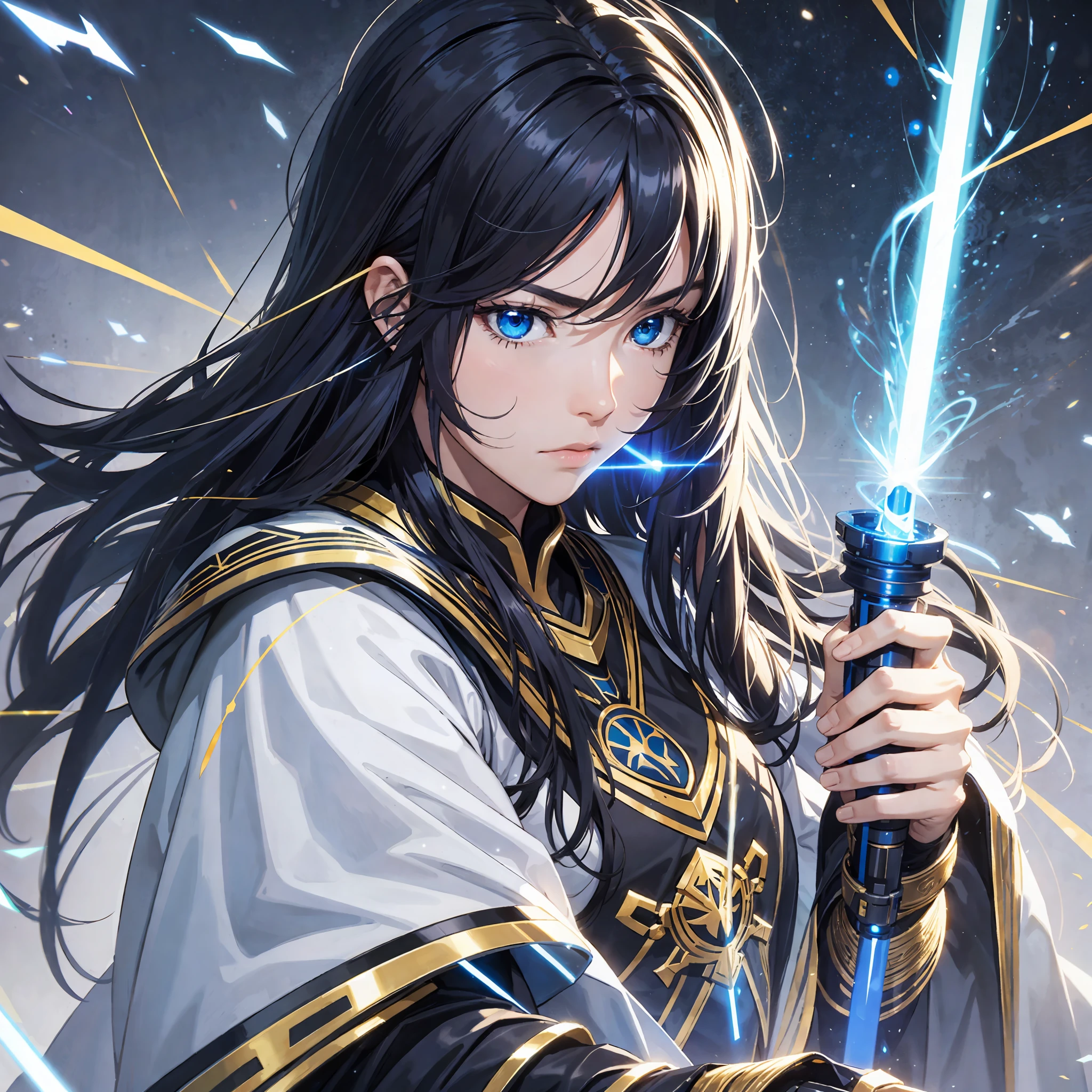 Blue lightsaber in hand, long hair, serious face, combat attire, black hair, bright golden eyes, white armor, cloak, adult woman --auto --s2