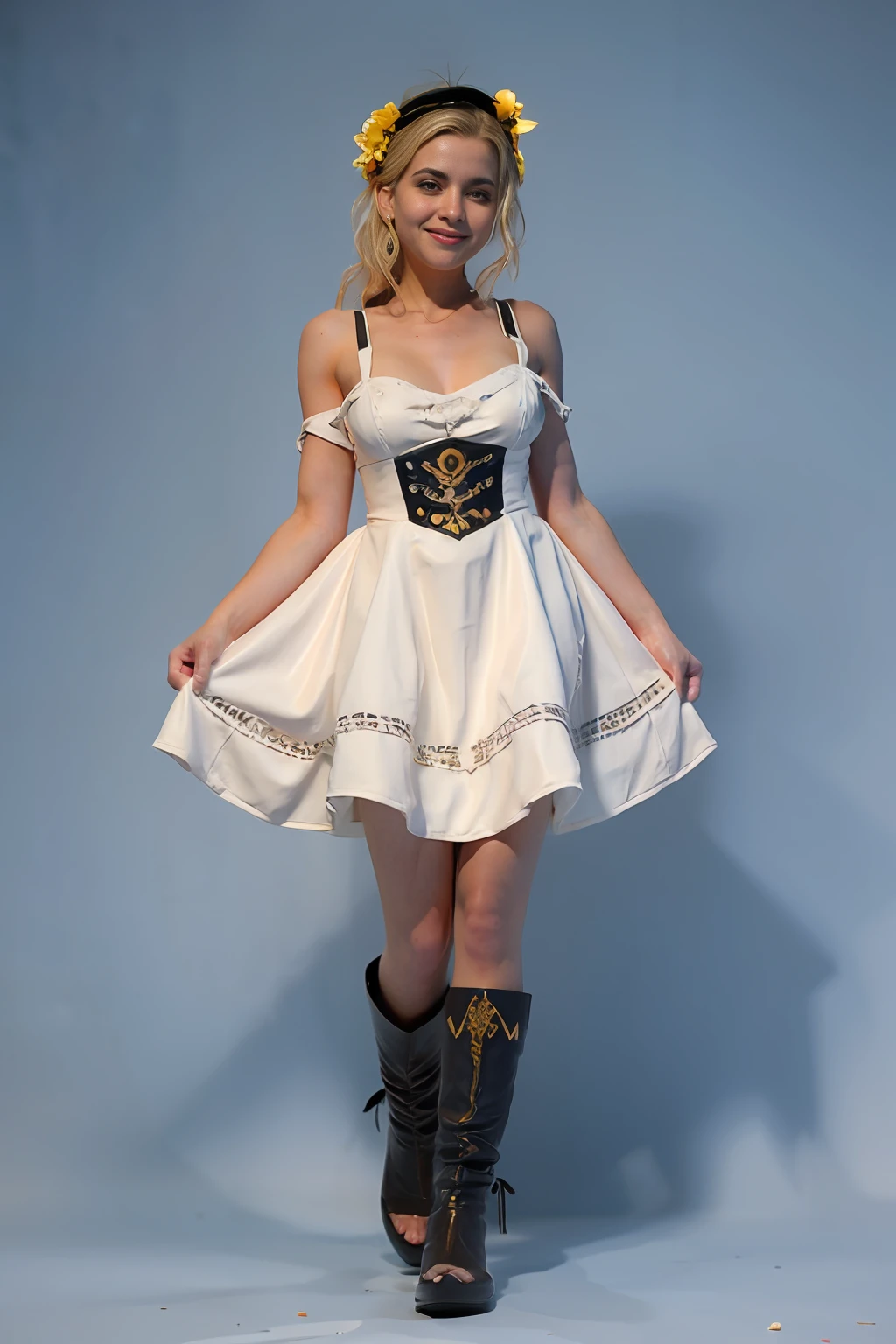 Mature Woman, smiling, cute, cityscape, daytime, bluish, wet, professional lighting, photon mapping, a white, silk blue dress and boots on a white background, yellow cut dress, lolita dress, classical witch robe, gothic clothing,