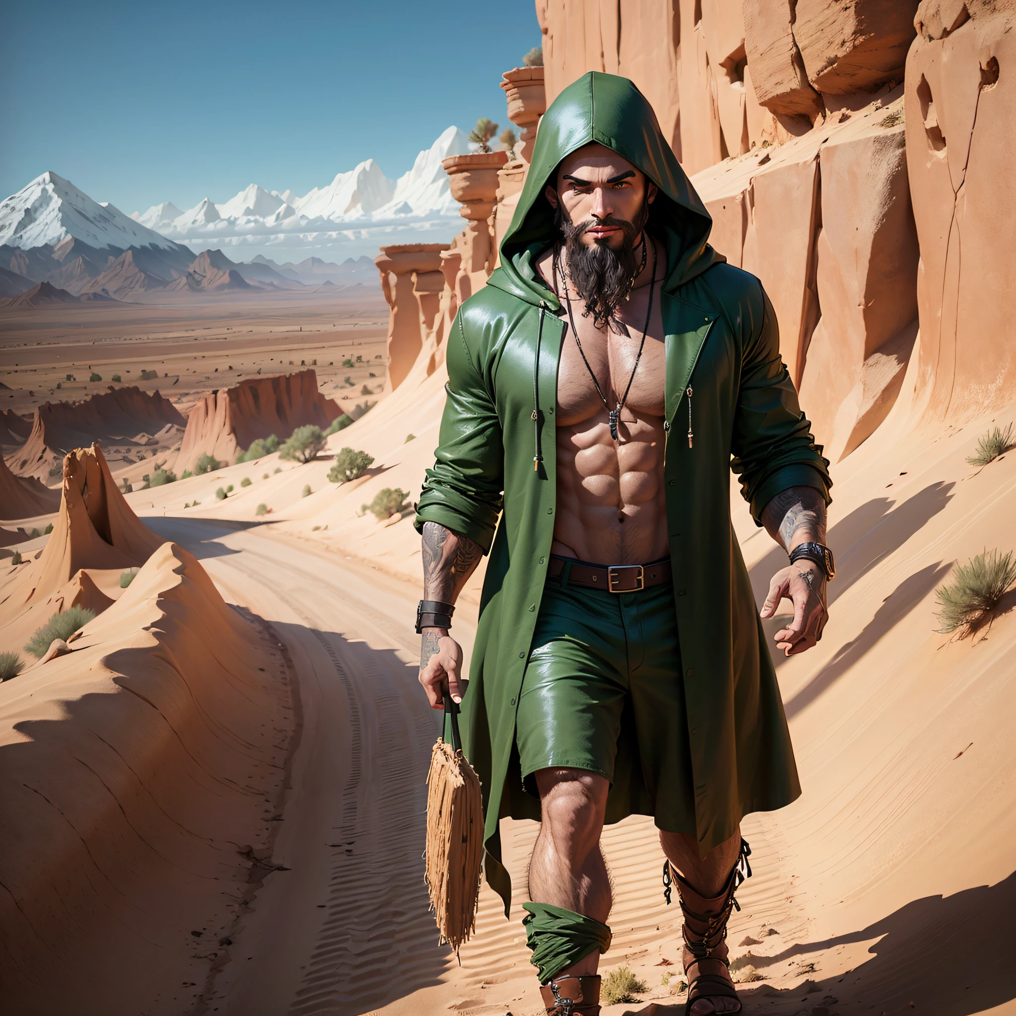 a man in a green hood, black slang, beard and goatee, white skin, walking through the desert, --auto --s2