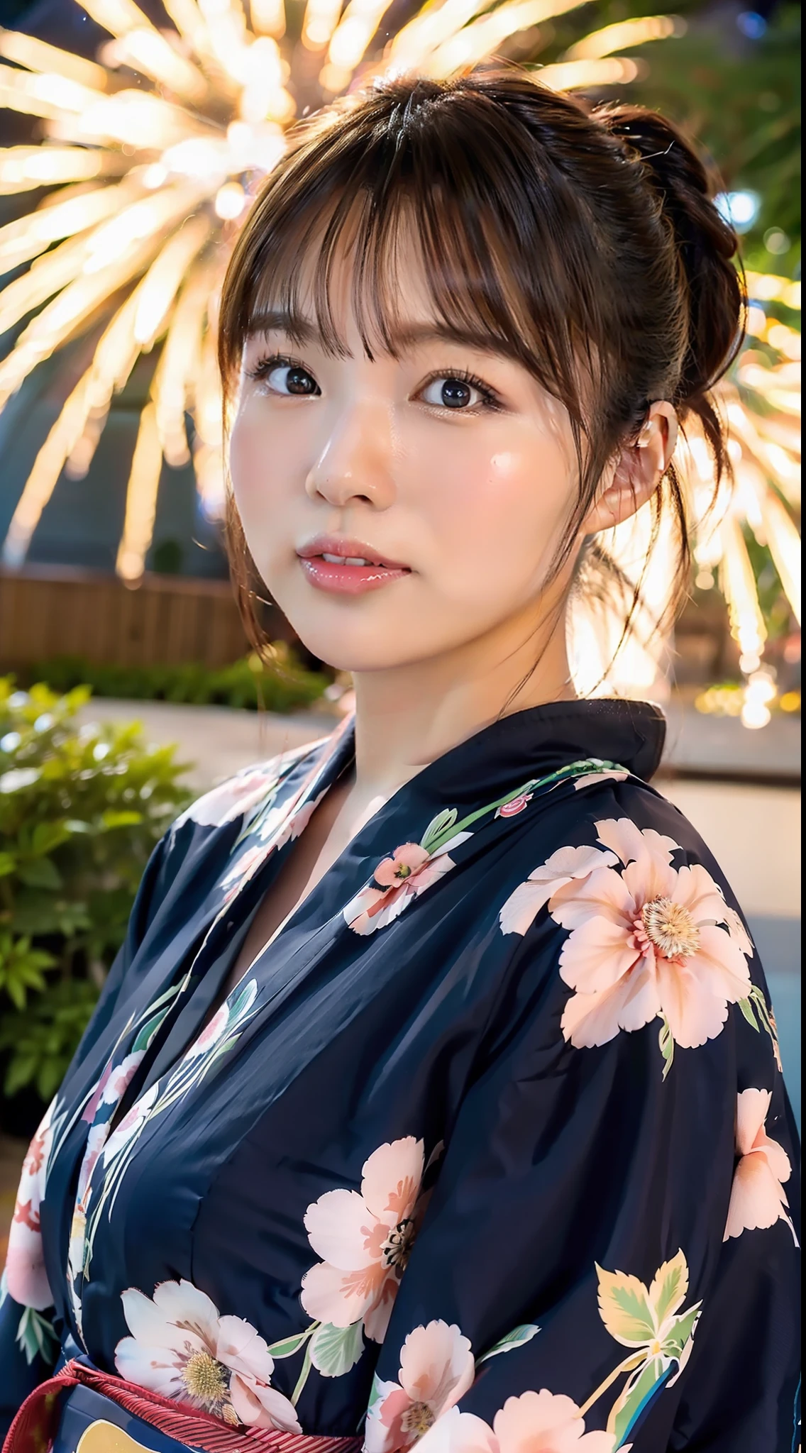 Top quality, fine detail, (beautiful one girl))), very detailed eyes and face, fireworks, yukata, looking up at fireworks, ponytail, big tear bags, double eyelids