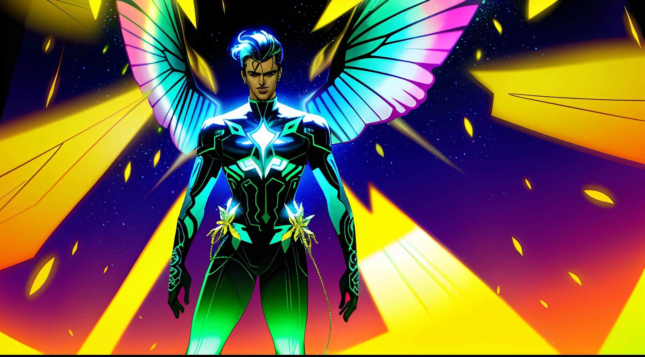 Vitor Fadul stands in the center of the futuristic studio, bathed in a soft, ethereal glow emanating from the surrounding vibrant lights. His majestic butterfly wings, outlined with shimmering light dressed in a superstar outfit inspired by Elvis Presley with a contemporary twist. The atmosphere is filled with a sense of anticipation and awe as the music reaches its climactic conclusion. Vitor's outstretched arms symbolize triumph and accomplishment, while the camera smoothly pans around him, capturing his magnetic presence. The scene is depicted in a mesmerizing digital artwork, blending vibrant colors and intricate details to evoke a futuristic and energetic ambiance. Illustration, digital art with vibrant colors and futuristic elements,