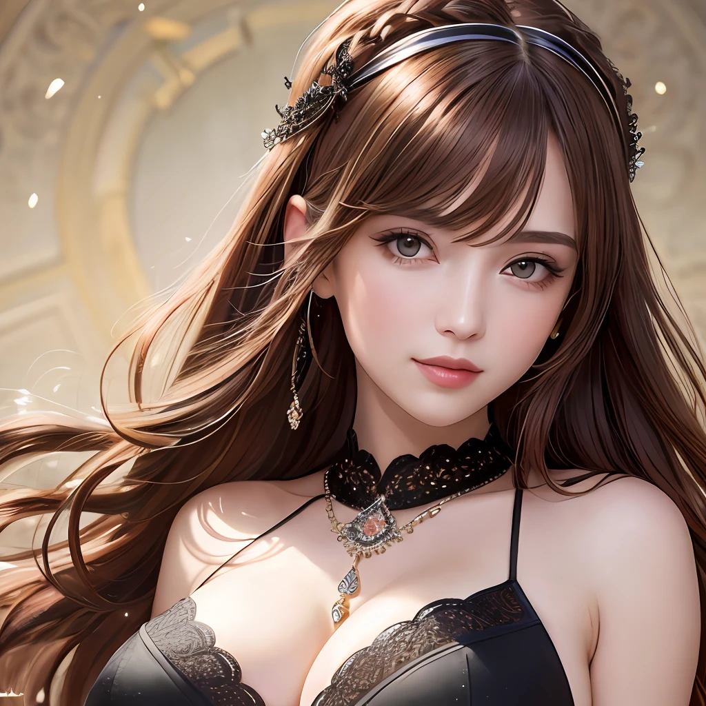 (Masterpiece: 1.4, Best Quality), (Intricate Detail), Unity 8k wallpaper, super detailed, noble, beautiful and beautiful, perfect lighting, dynamic light, (1 girl), (brown red hair, black eyes, huge breasts), dynamic pose, dynamic angle, lipstick, huge breasts, detailed background, realistic, solo, perfect detailed face, detailed eyes, highly detailed, blush, hair accessory, smile, bright textured clothes