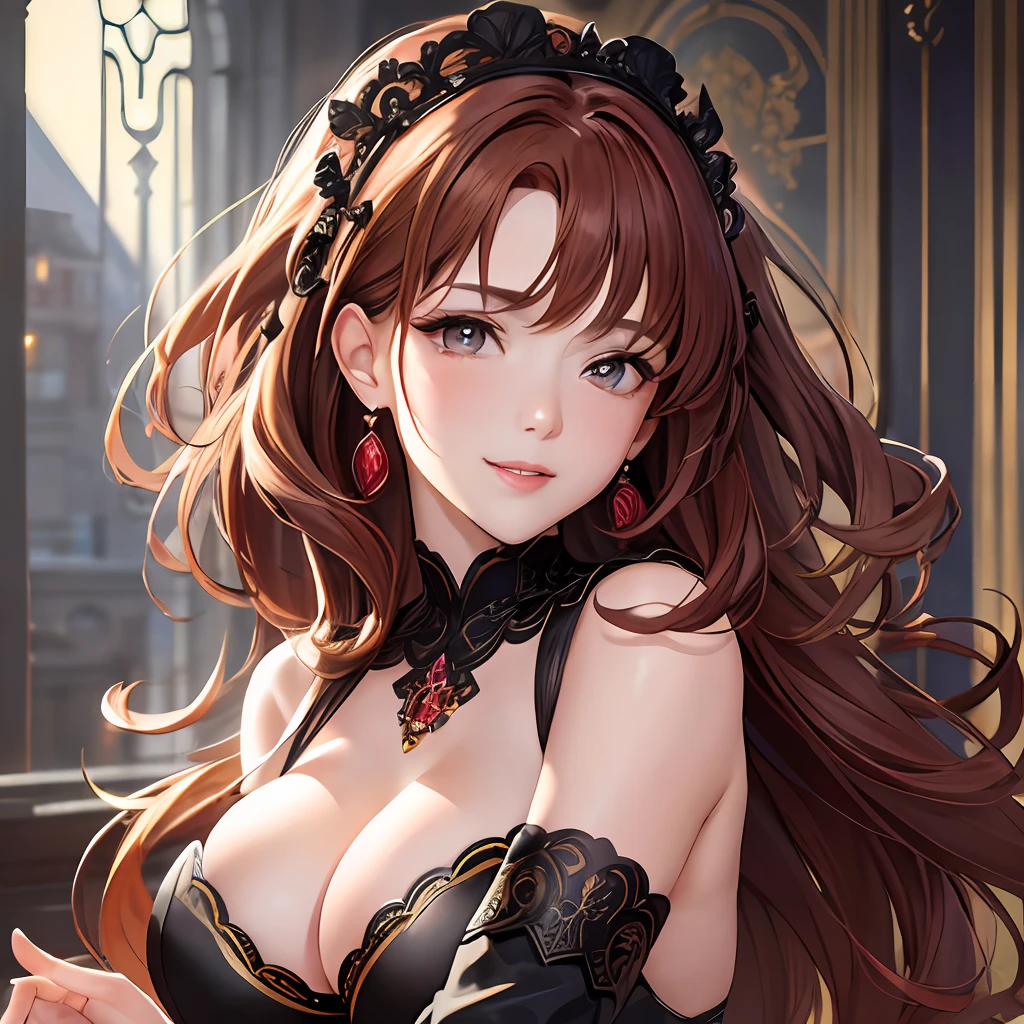 (Masterpiece: 1.4, Best Quality), (Intricate Detail), Unity 8k wallpaper, super detailed, noble, beautiful and beautiful, perfect lighting, dynamic light, (1 girl), (brown red hair, black eyes, huge breasts), dynamic pose, dynamic angle, lipstick, huge breasts, detailed background, realistic, solo, perfect detailed face, detailed eyes, highly detailed, blush, hair accessory, smile, bright textured clothes