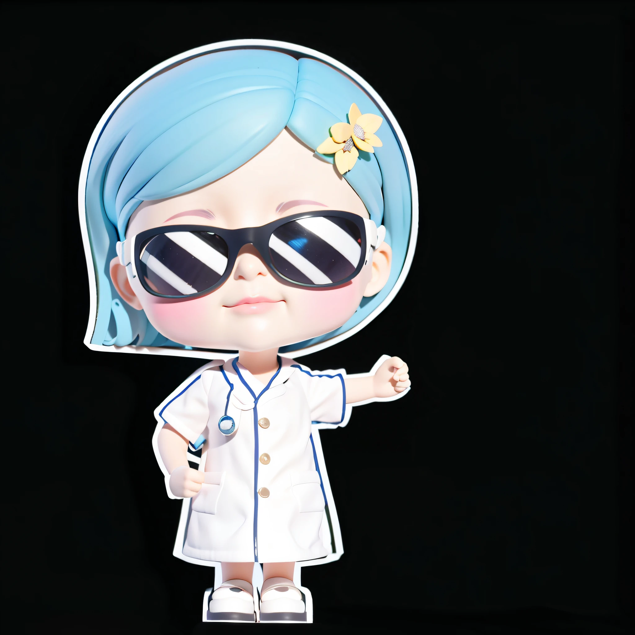 A girl, cute squinting smile,, blue eyes, with sunglasses, right hand Biye, left hand crossed waist, blue hair, short hair, no headdress, white doctor white coat clothes, (beautiful detail eyes), (beautiful detail face), (Clean background: 1.1), bright, background, Disney style, fine gloss, dreamy, cute, pop-mart lp, high detail, super high quality, bright colors, real model blind box toy, 3D rendering, oc rendering, c4d, best quality, 8k, bright, headlight, face shot, fine gloss, super detox, (full body: 1.3) --auto --s2