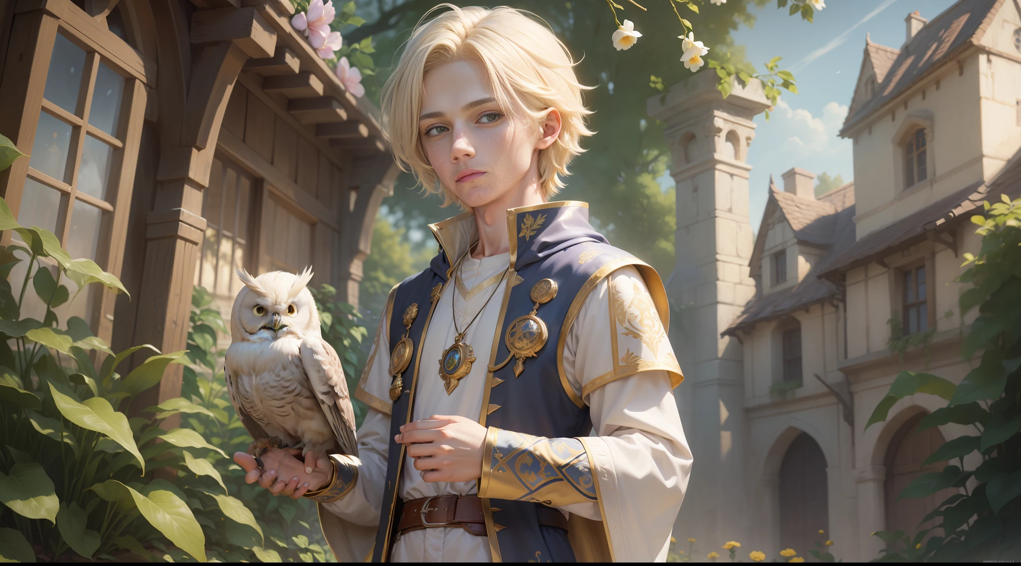 A 20-year-old wizard, blond, short, straight hair, with a small white owl on his shoulder, owl (((high quality)), masterpiece, perfect anatomy, clothes of hierophant, medieval, ((perfect hands)), (boy 1:33, solo), flowering garden, UHD, 8k