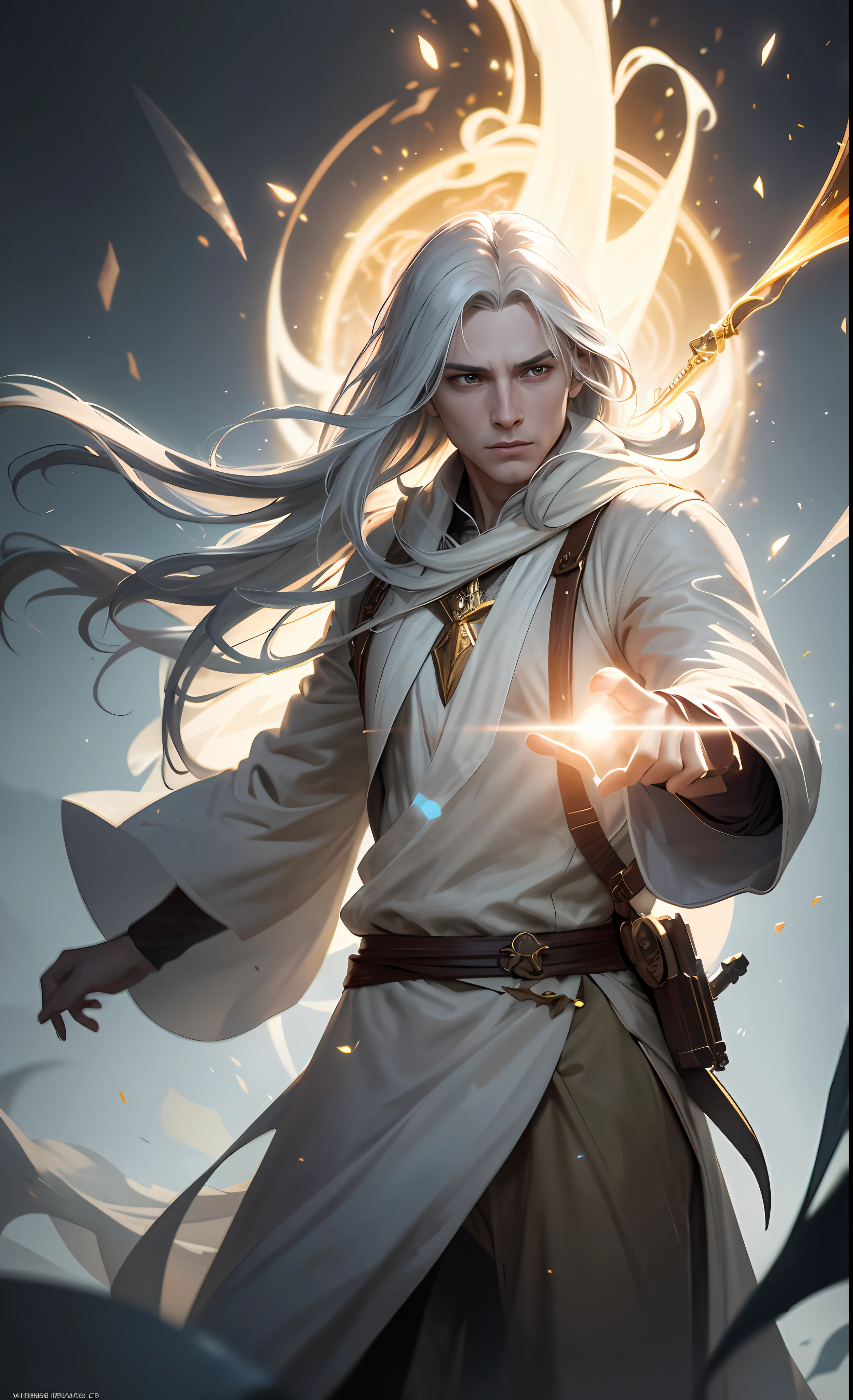 photorealistic photo of a handsome young male wizard, white wizard shirt with golden trim, white robe moving in the wind, long white hair, fully clothed, perfect face, handsome, (perfect composition:1.4), deviantart hd, artstation hd, concept art, detailed face and body, award-winning photography, margins, detailed face, detailed hands, ,backlight, 12k ultrarealistic, ray tracing, intense gaze, looking at the viewer, cinematic lighting, art by Grzegorz Rutkowski, embers, high fantasy background, action pose, hands up to 90 degrees, holding a small magic wand, water splash, misty