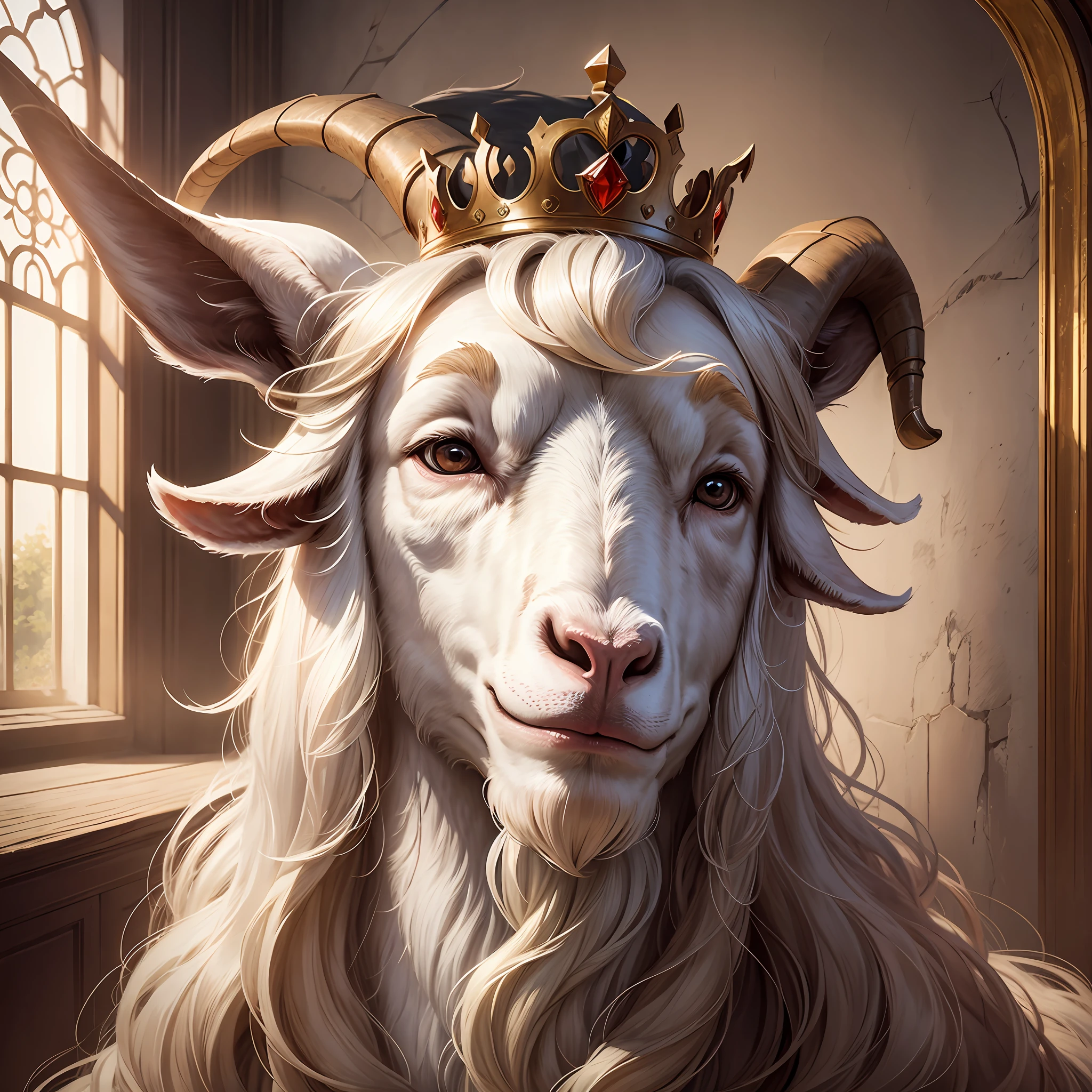 masterpiece, best, goat in a castle wearing a crown with a long beard --auto --s2