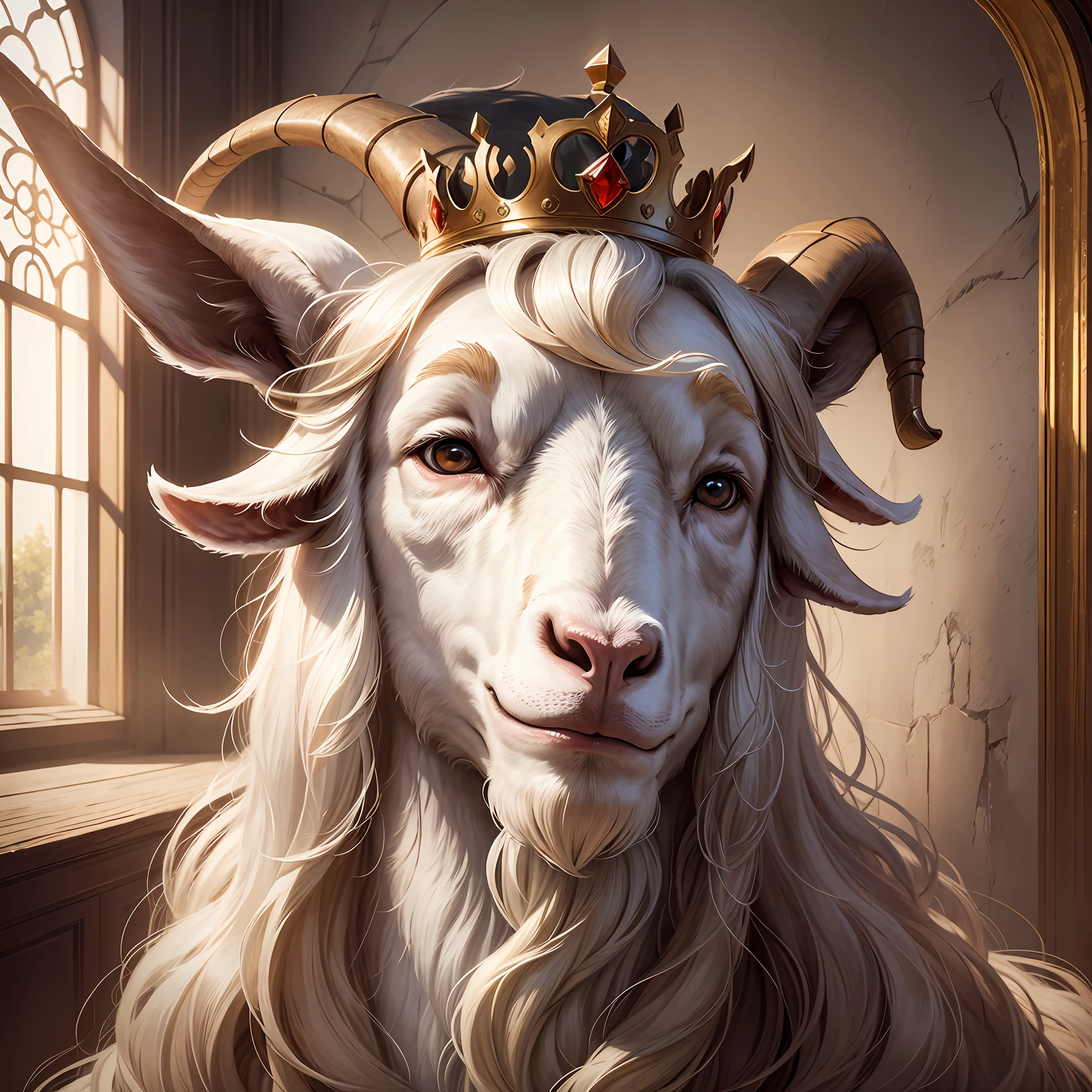 masterpiece, best, goat in a castle wearing a crown with a long beard --auto --s2