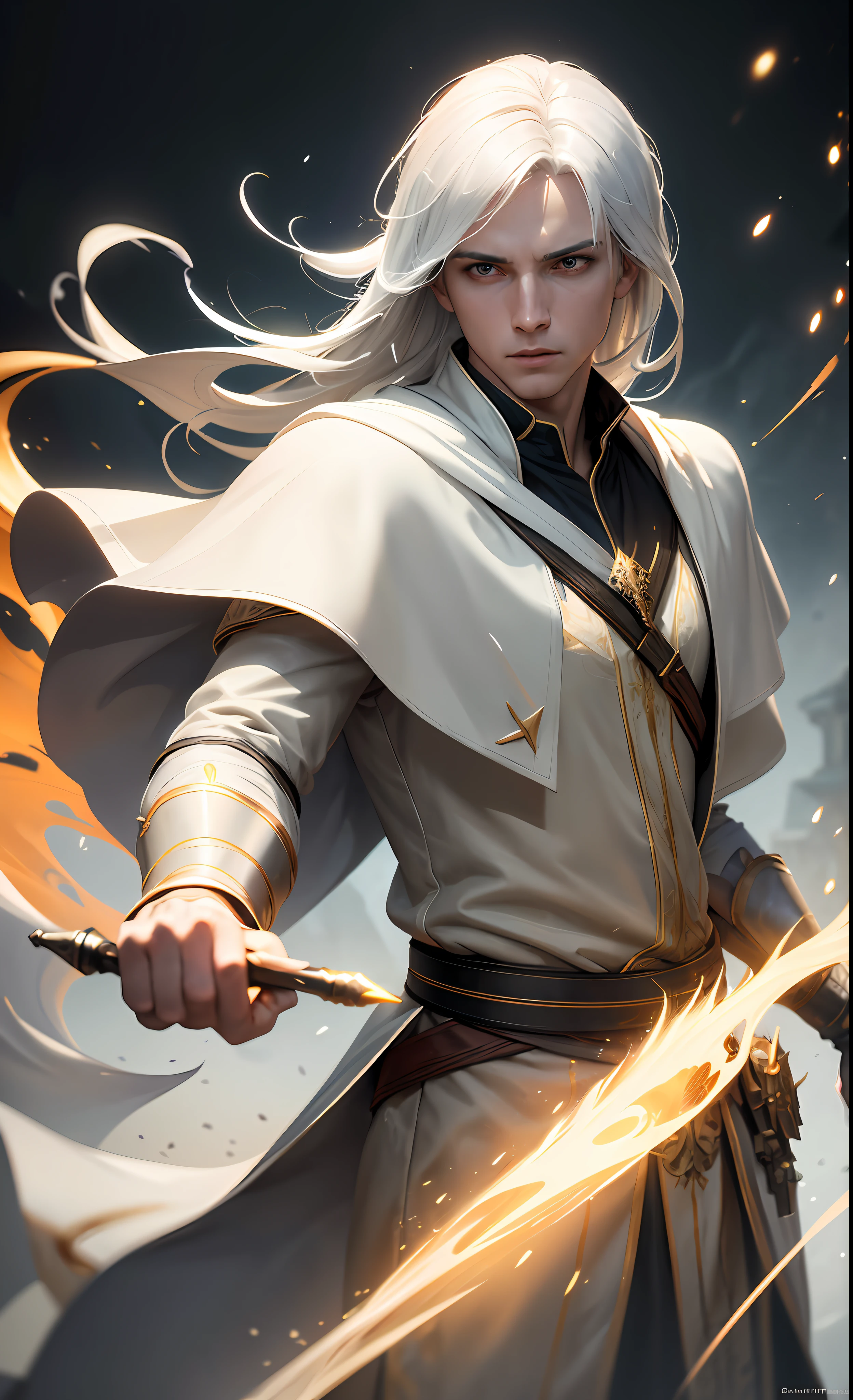 photorealistic photo of a handsome young male wizard, white wizard shirt with golden trim, white robe moving in the wind, long white hair, fully clothed, perfect face, handsome, (perfect composition:1.4), deviantart hd, artstation hd, concept art, detailed face and body, award-winning photography, margins, detailed face, detailed hands, ,backlight, 12k ultrarealistic, ray tracing, intense gaze, looking at the viewer, cinematic lighting, art by Grzegorz Rutkowski, embers, high fantasy background, action pose, hands up to 90 degrees, holding a small magic wand, water splash, misty
