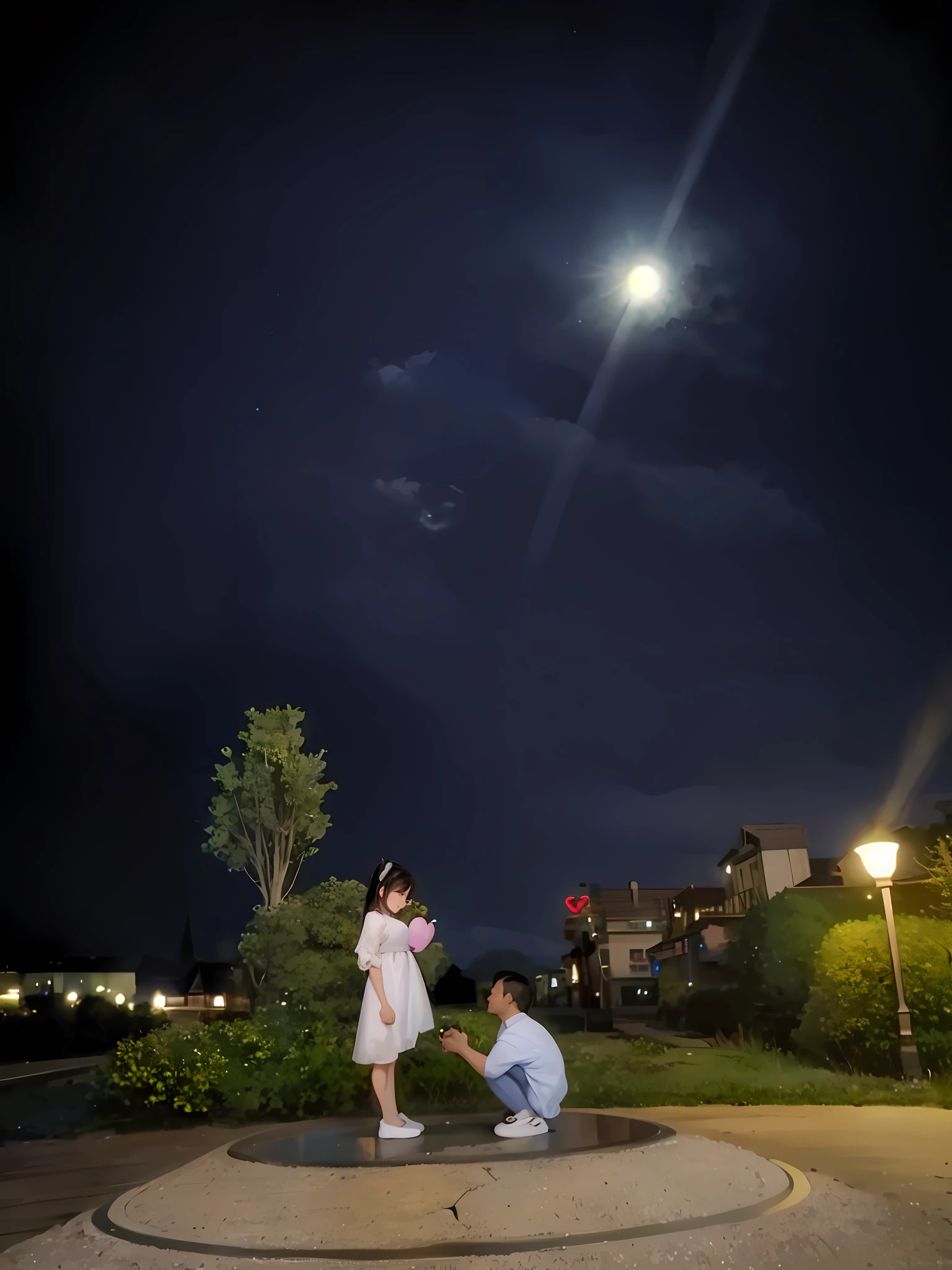 there is a man kneeling down to a woman holding a heart shaped balloon, with full moon in the sky, at night with moon light, (moon in the background), taken with sigma 2 0 mm f 1. 4, at night with full moon, night time photography, night photo, photography at night, flash photography at night, nigth moon ligth