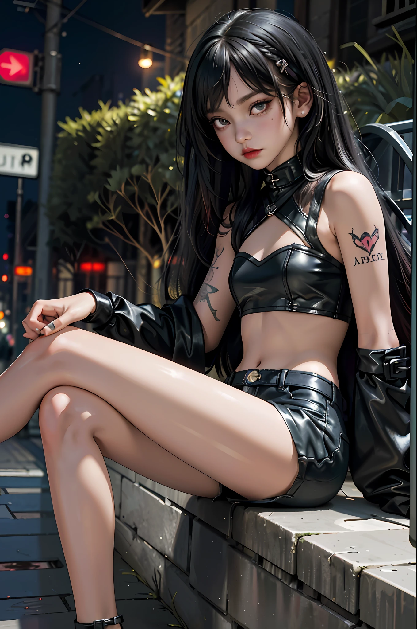 (best quality, masterpiece: 1.3), Elizabeth bathore, (emo girl, piercing: 1.3), fish net, latex shorts, sitting, tattoo, long hair, night, street,