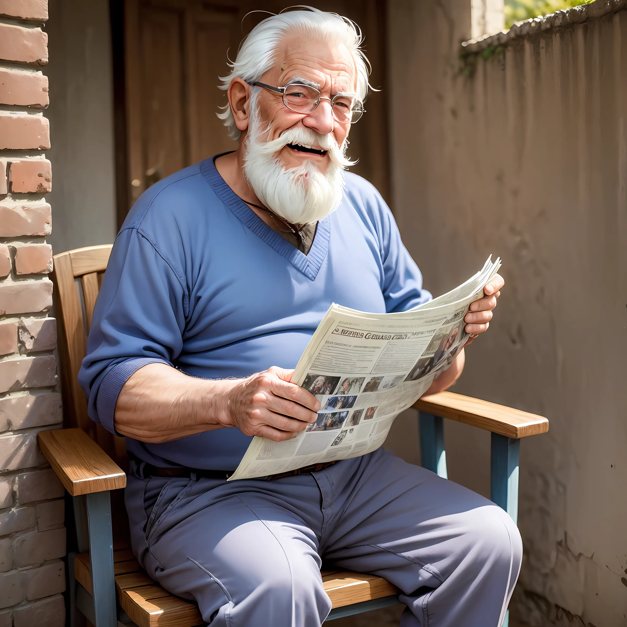 (Mr. Ernesto:1.5), a grumpy 70-year-old gentleman with a characteristic laugh that echoes through the neighborhood, long white beard that has never been cut, blue pants and toothpick, scenery sitting in the area of his house reading a town's newspaper in the countryside comic book hero. --auto --s2