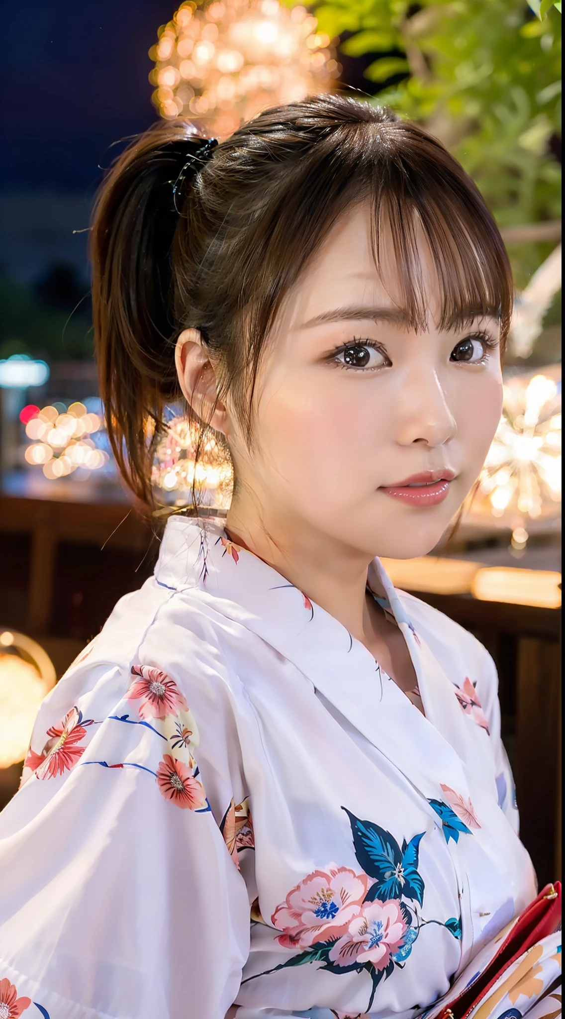 Top quality, fine detail, (beautiful one girl))), very detailed eyes and face, fireworks, yukata, looking up at fireworks, ponytail, big tear bag, double eyelids, profile