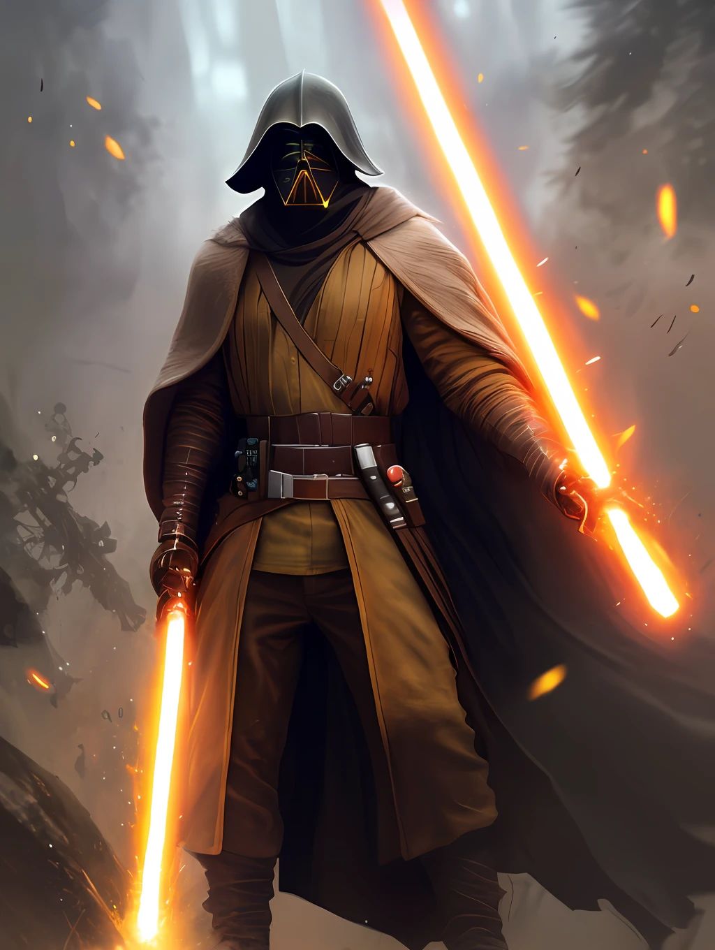 medium range portrait of a hyperdetailed in the style of a A Star Wars’s Jedi Grandmaster in the style of Mark Demsteader, Jedi character, (pleasant:1.3) thoughtful expression, (using a light saber:1.3), cinematic shot on canon 5d ultra realistic skin, Steve Henderson Fabian Perez Henry Asencio, Jeremy Mann Marc Simonetti fantasy magical horror atmosphere, (highly detailed environment:1.3), low angle shot, dynamic action poses