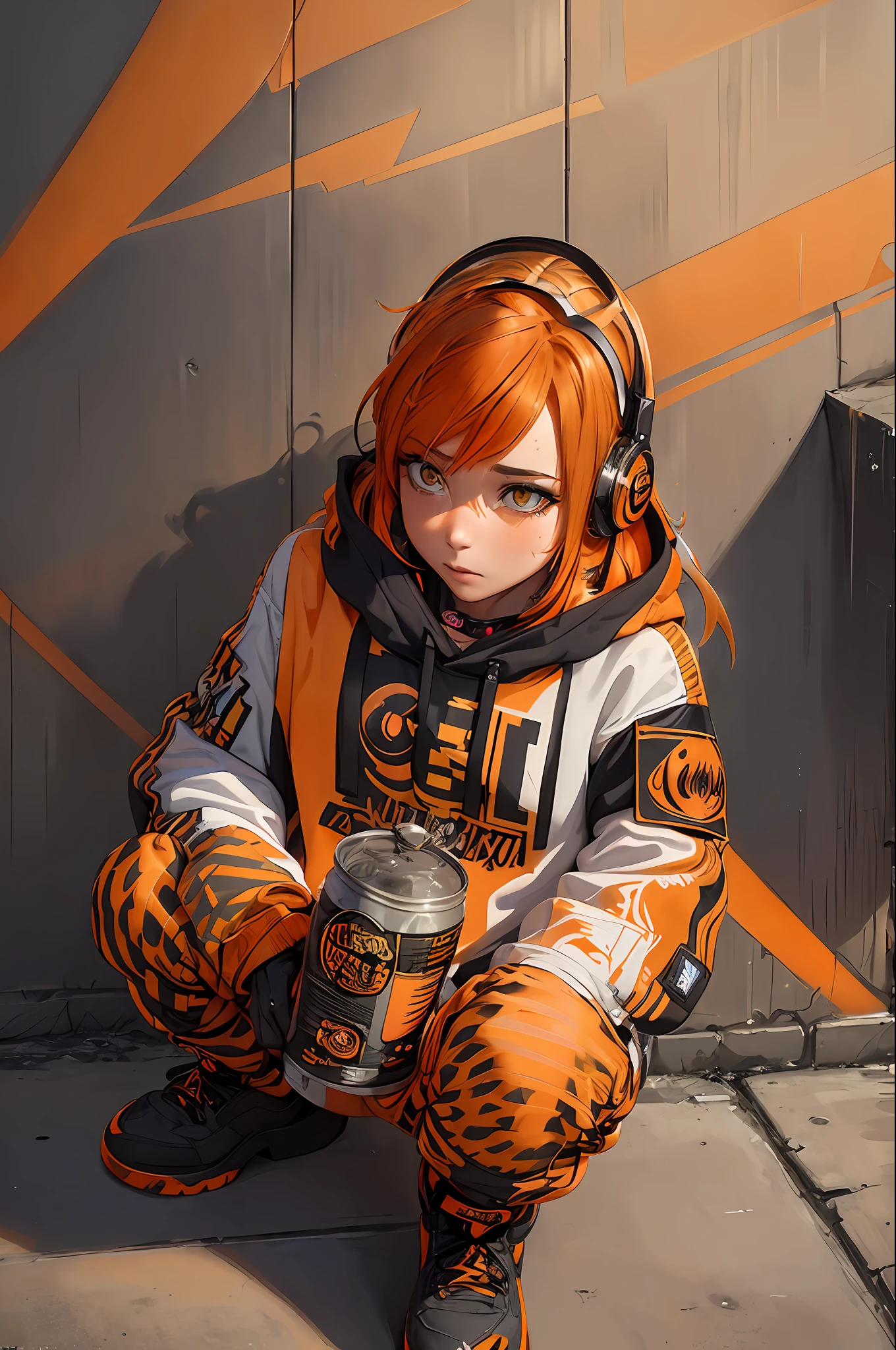 (Masterpiece: 1.2), best quality, (illustration: 1.2), (ultra-detailed), eye focus, (masterfully crafted brightness, pink lens glow), (cinematic background), hyper details, (delicate detailed), (intricate details), octane render, hdr, (hyperdetailed: 1.15), (color)))), (soft light: 1.2), 1girl, (lynx ears: 1.3), (lynx man), (cat tail: 1.5), beautiful man, ultra detailed eyes, mature, fat, thick, rainbow paint drops,  ink teardrops, man made of paint, entirely paint, splat, splash, (out), (bob cut: 1.5), (bright eyes: 1.2), ((makeup)), (cinematic masterpiece), fierce, powerful, absolutely attractive splashes of color, (cinematic lighthouse), (realistic lighting of heels: 1.2), ((caustic)), dynamic angle, beautiful detailed brightness, ambient occlusion, ambient light, raytraced reflections, (better lighting, an extremely delicate and beautiful light),  ((cinematic light)), (soft: 2), (whimsical:2) , intricate, vibrant, dreamlike landscape, (graffiti painting:1.3), (bright tail), (painted cityscape), (urban),(realistic urban fashion), (expressive:1.2), fitness, athletic, (mirrored world), (long flowing black hair:1.1), wavy hair, (orange hair highlights),(Cyberpunk Techwear Japanese Streetwear Longline Hoodie),(Cyberpunk Streetwear Kanji Joggers), bright headphones,  cap, (graffiti wall), unfinished graffiti, ghetto,(looking at the wall:2),black hoodie, (back wall present),(holding spraycan:1.3), (colored mist), buckles, belts, straps, a girl in front of a graffiti wall, cyberpunk art, (by LAM), Mika Pikazo, graffiti, techwear jacket, black gloves, with buckle and duct tape, (orange hair:2)