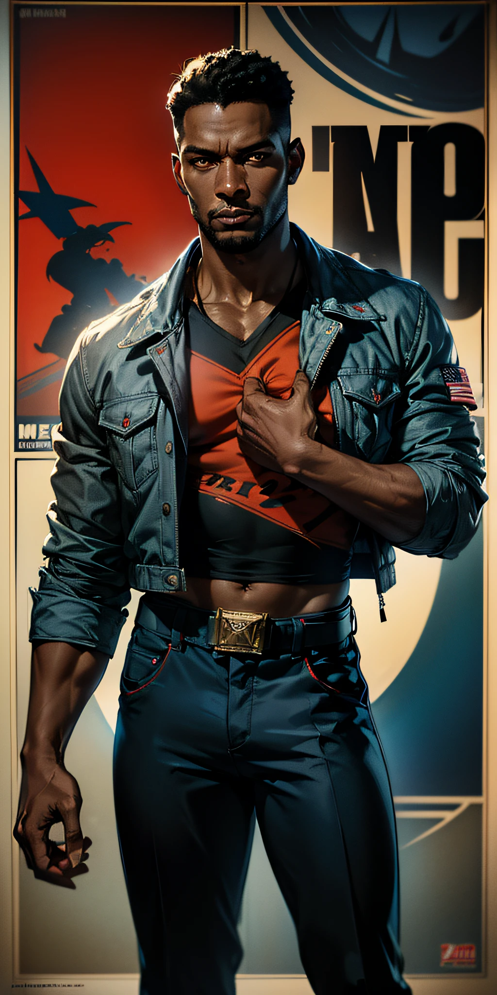A young black man with short black curly hair and black beard in superhero pose, American World War II poster, Gil Elvgren style, WLOP, Artgerm ((Poster style)) ((wearing gray jacket with red star on the chest and blue pants)) (planets in the background of the image) ((looking forward and fighting pose)) detailed clothing, electric rays,  1 boy, solo, body fitness, poster design, poster art style. 1980s, 1950s, 1960s, 1940s, basic color scheme, very colorful poster, colorful art, third rule, dynamic pose, man (((1 young man of 23 years)))), looking at the viewer, blurred background, golden eyes