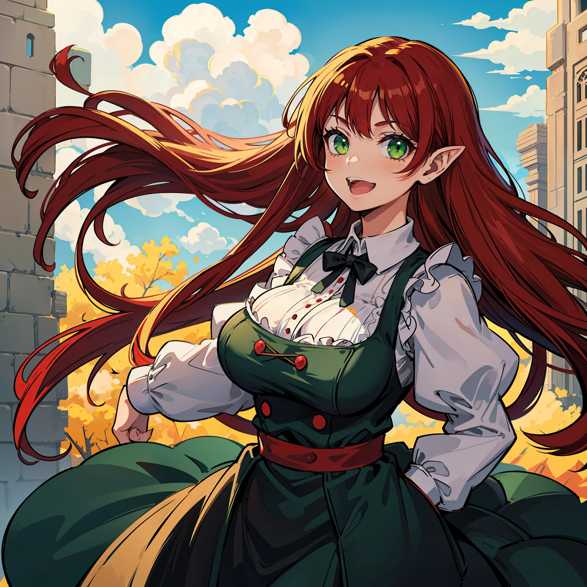 1girl, green eyes, long red hair, black maid outfit, big breasts, happy face, goblin ears,upper body,possing, background sky cloud