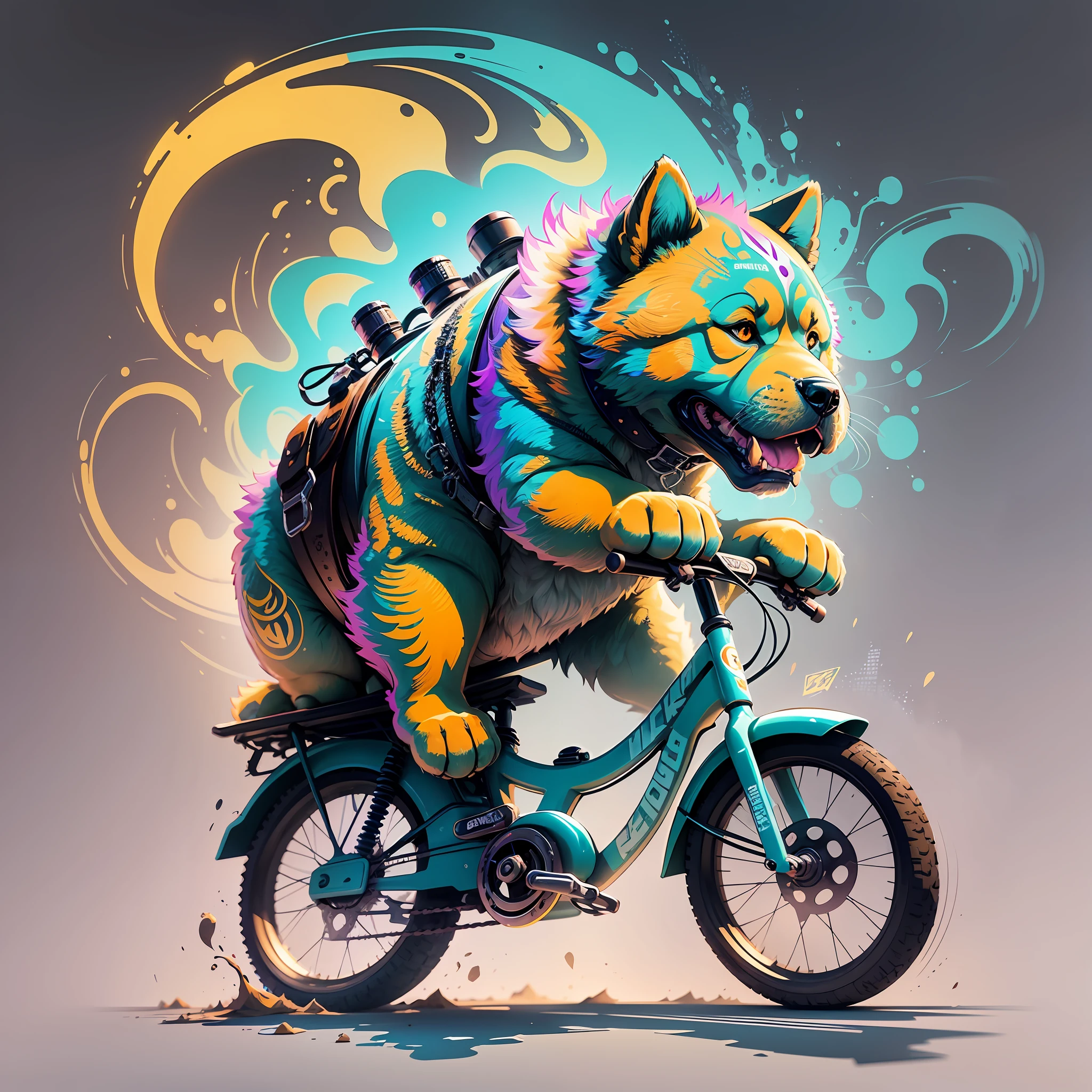 create a t-shirt design graphic art of a chow chow dog, on a skateboard, flat illustration, amazing concept art, ink splash, colorful contour contrast, dynamic shading and highlights, hyper detailed, graffiti style, steampunk, bioluminescence, --auto --s2