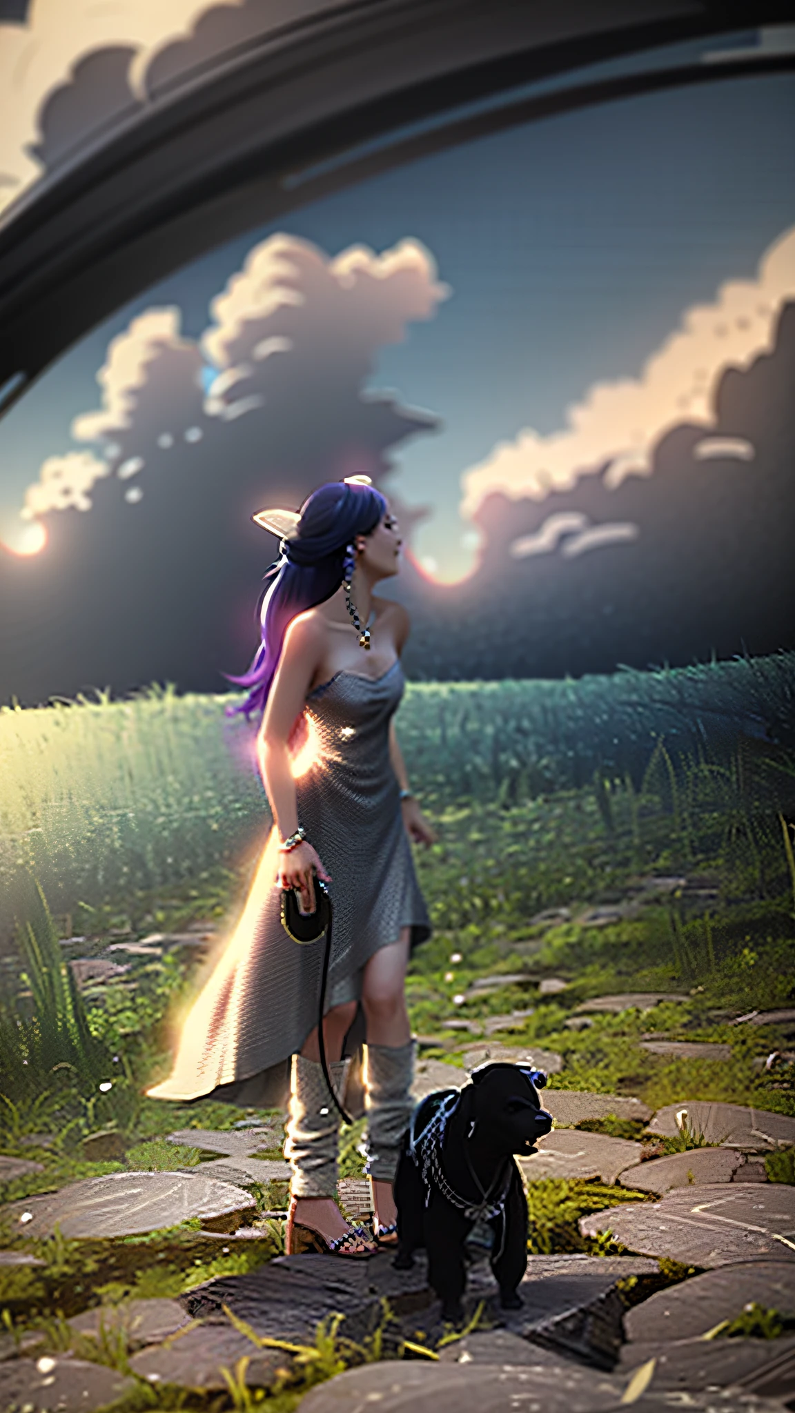 Araki woman in white dress walking small black teddy dog, in the white cloud wonderland, she is approaching heaven, ethereal and dreamy, inspired by Tom Chambers, inspired by Julian, inspired by Nell Doyle, in the field, dreamy and ethereal, inspired by Tang Yifen, wearing a white flowing dress, the wind blows the hair flowing, the wind is windy