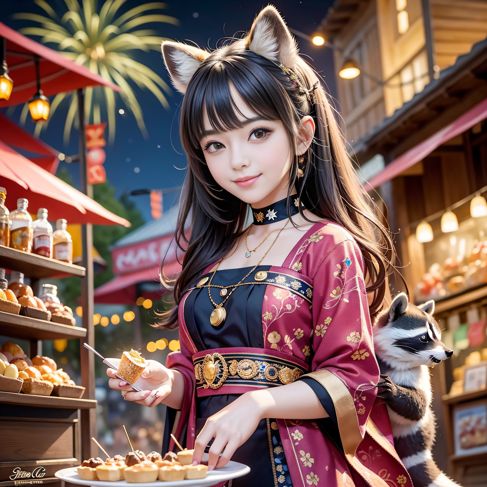 The cute raccoon of all paintings shows a lively appearance at the festival. While serving sweets from each shopkeeper, many customers smile and have a good time. Brilliant fireworks in the night sky create a beautiful scene, [Beautiful Fireworks: 1.2], and then reflect their flares and sparkling spectacle.