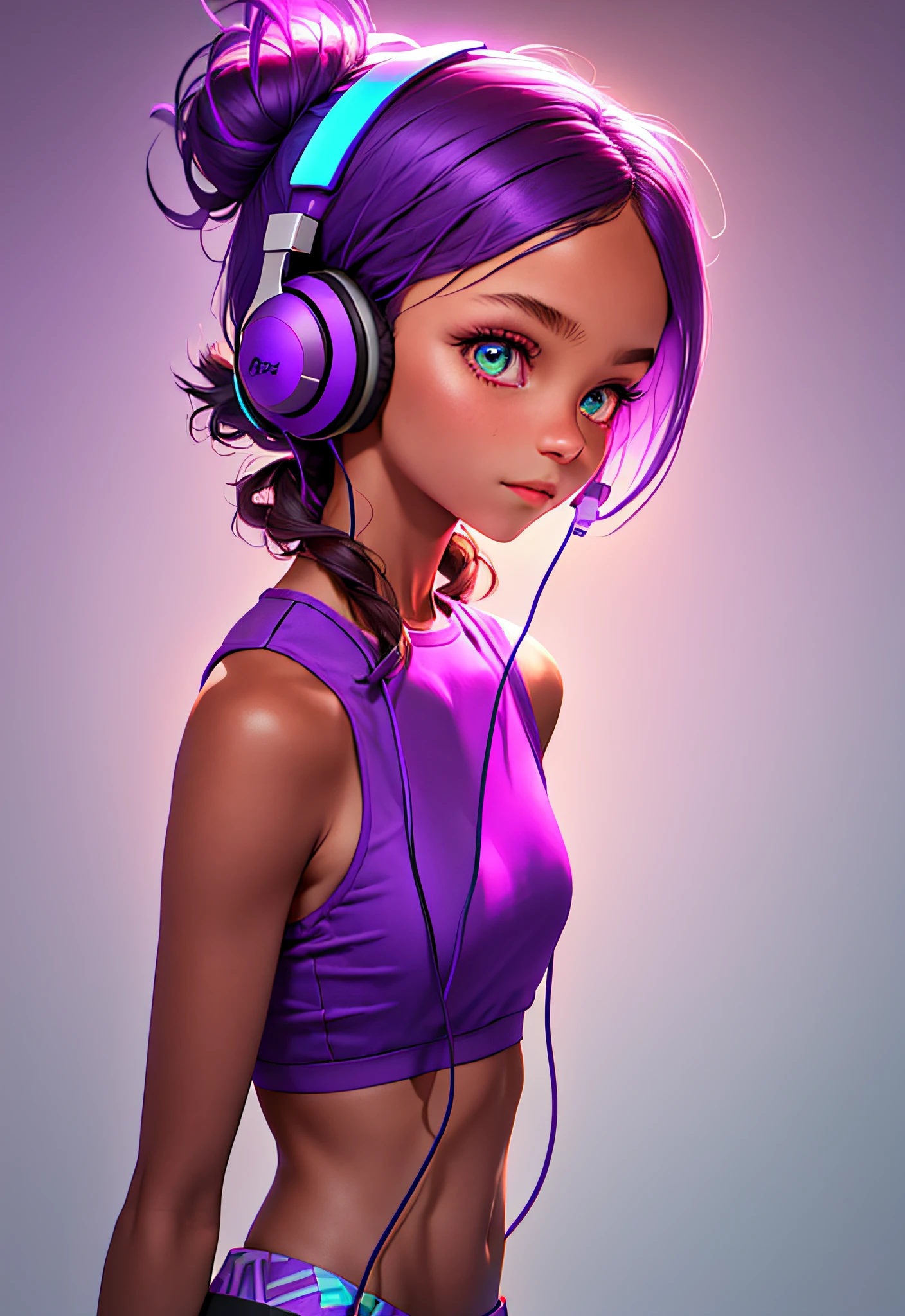 "(1 girl), wearing (noise headphones: 1.2), (violet: 1.6|dark purple) color theme clothing, dim lighting, solid color background, vivid image, outstanding details."