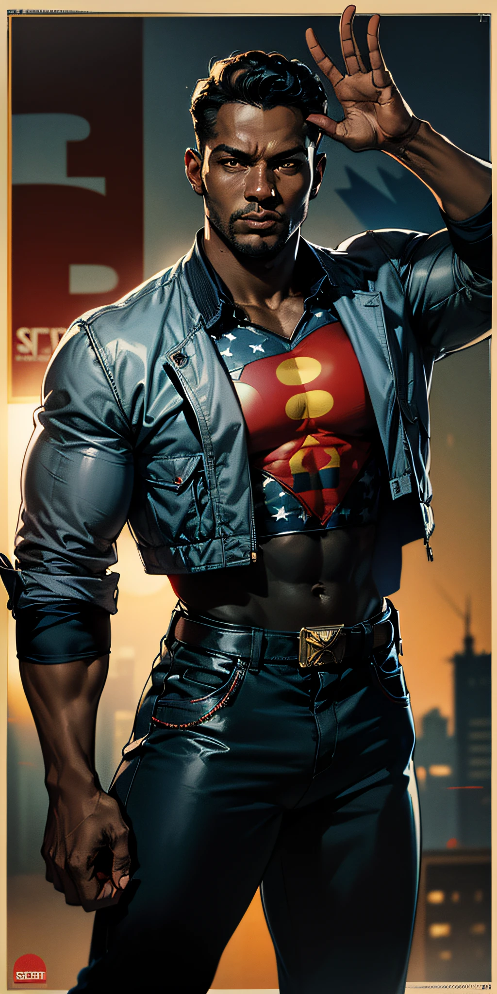 A young black man with short black curly hair and black beard in superhero pose, American World War II poster, Gil Elvgren style, WLOP, Artgerm ((Poster style)) ((wearing gray jacket with red star on the chest and blue pants)) (planets in the background of the image) ((looking forward and fighting pose)) detailed clothing, electric rays,  1 boy, solo, body fitness, poster design, poster art style. 1980s, 1950s, 1960s, 1940s, basic color scheme, very colorful poster, colorful art, third rule, dynamic pose, man (((1 young man of 23 years)))), looking at the viewer, blurred background, golden eyes