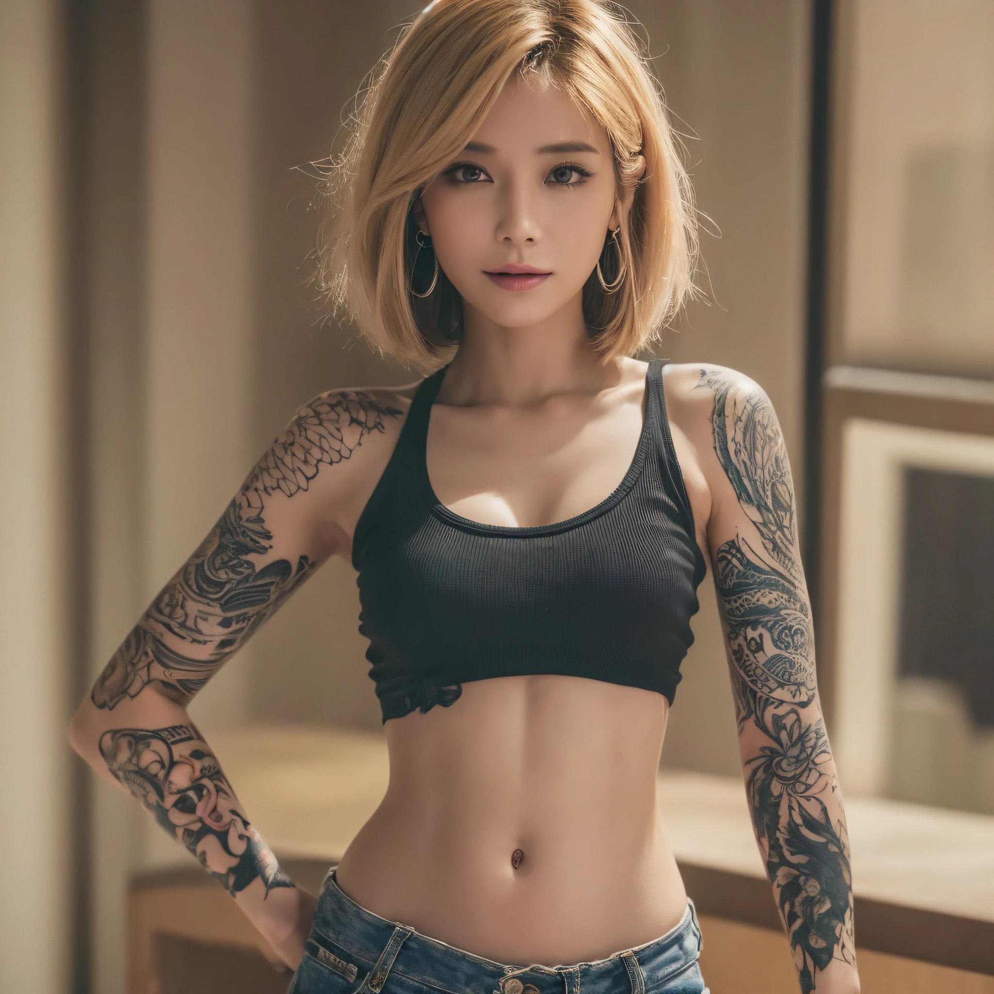(Night, soft lighting, top quality, 8k, masterpiece, raw photo: 1.3), woman with dragon tattoo on arm and top, young girl with dragon tattoo, ink, tattooed body, tank top and shorts streetwear, semi-undressed, semi-nude, disheveled clothing, tattooed, wearing sexy cropped top, Sexy girl in shorts, toned waist, beautiful midriff, ever small midriff, super detailed, intricate details, very detailed face and skin tone, lower breasts, slim body, detailed eyes, realistic, makeup, intellectual, bewitching, beautiful standing figure, small breasts, indoors, invincible smile, slender eyes, symmetrical eyes, multicolored hair, short hair, bob cut, earring