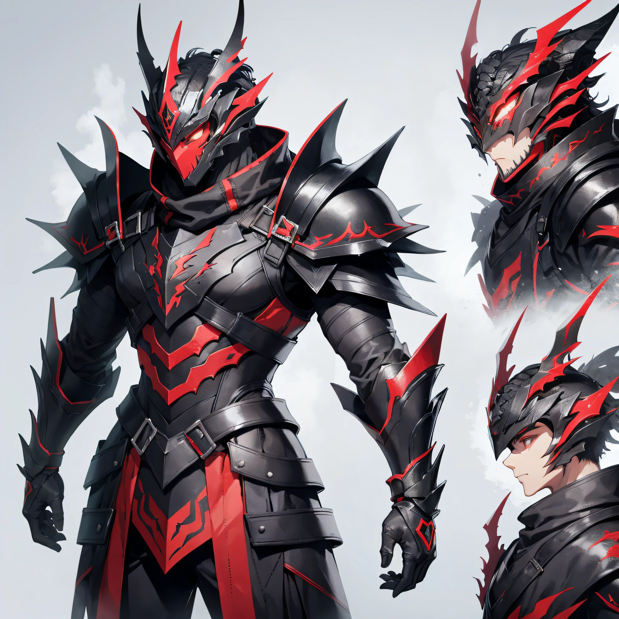 Black "dragon" armor with red details, black armor, red detailing, "scarf", "man". cool drago mask