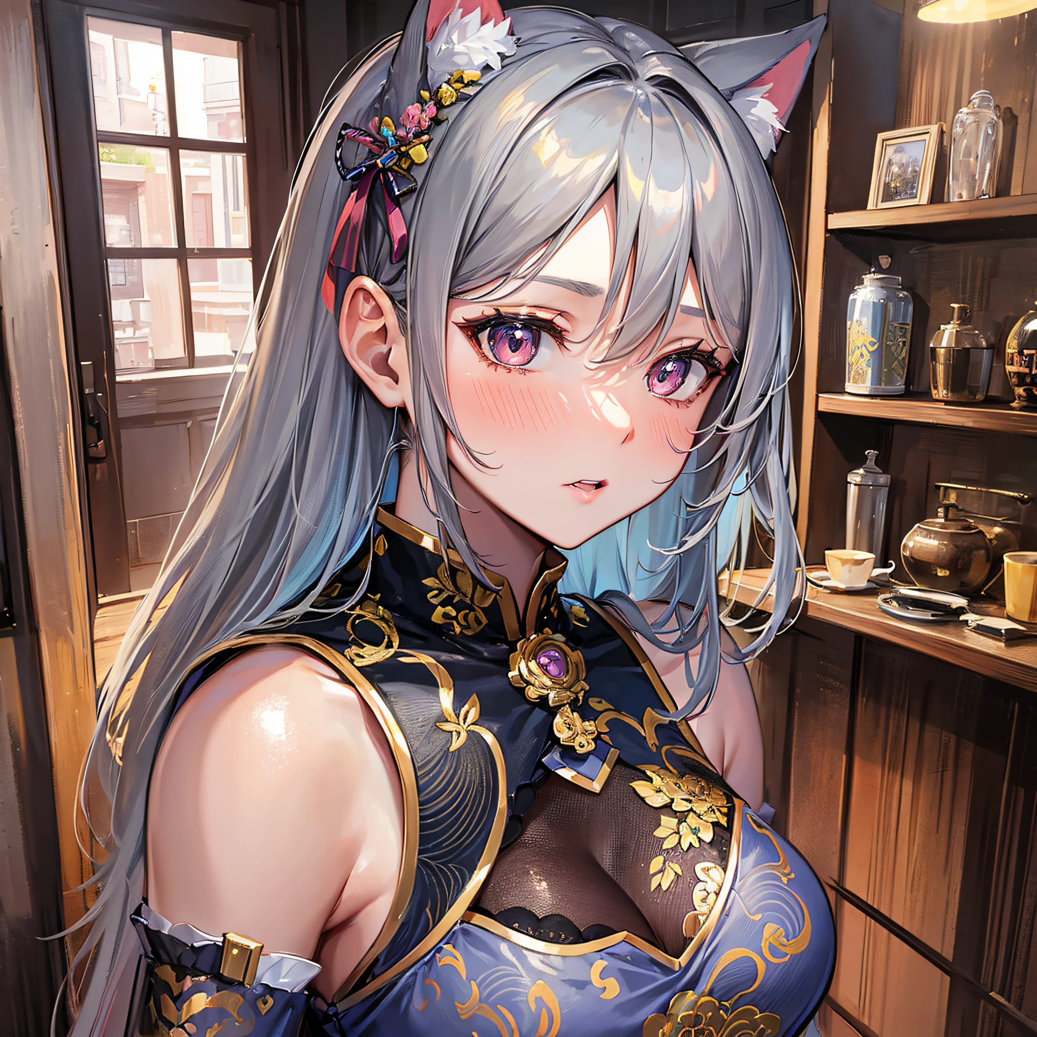 Absolutely beautiful cat lady, brown skin, perfect slim body, mature royal sister, gray hair, royal sister face, cheongsam, sexy and alluring, beautiful face, bust, 4K picture quality, big body, feminine expression, blush shy, large bust, deep eyes