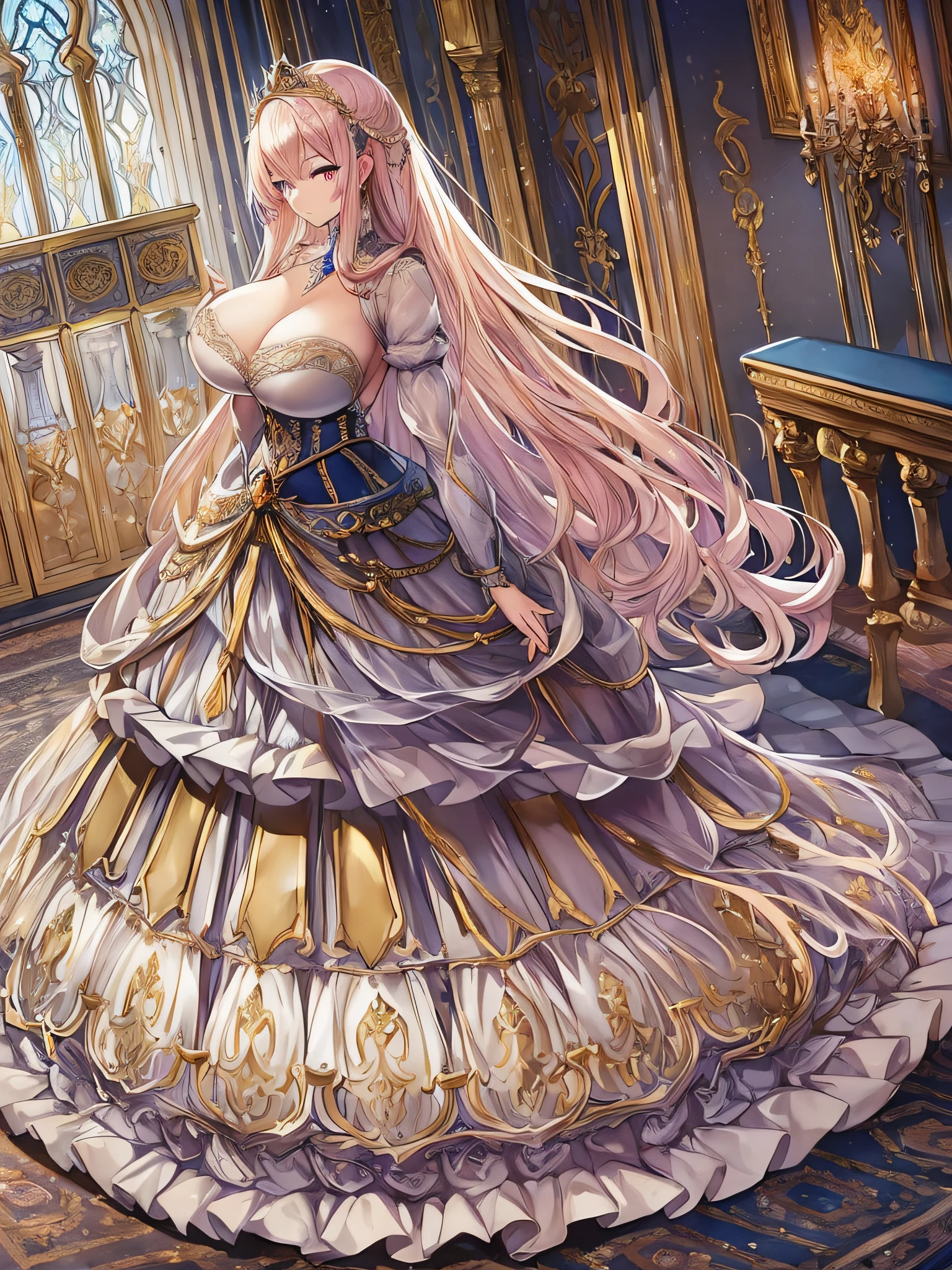 ((anime moe artstyle)),noble atmosphere,(Masterpiece), (Best Quality), (Super Detail),Illustration,(Very Delicate and Beautiful),Dynamic Angle,Looking at viewer,(((Solo))),((Full body)),(((1 gorgeous noble princess in ball gown with a voluminous skirt))),jewel-like eyes,(Very Long Hair),gorgeous embroidery and lace,See-through,ornate ruffles,(gigantic breasts,Huge breasts,Bulging breasts,Long breasts),(gorgeous ball gown with a voluminous skirt),