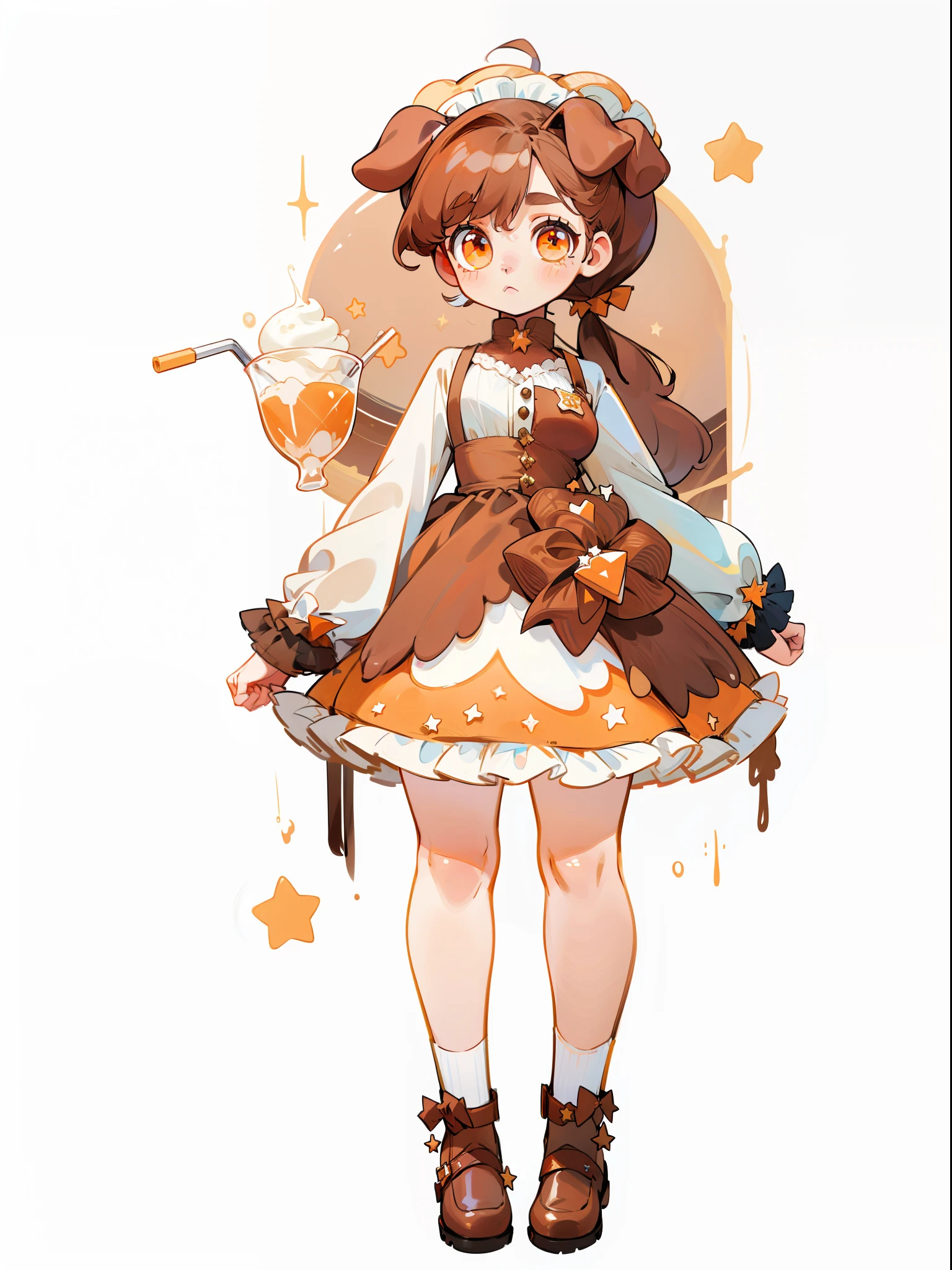 Brown hair girl, cute, brown skirt, lolita, double ponytail, dog ears, dessert, stars, full body, orange eyes