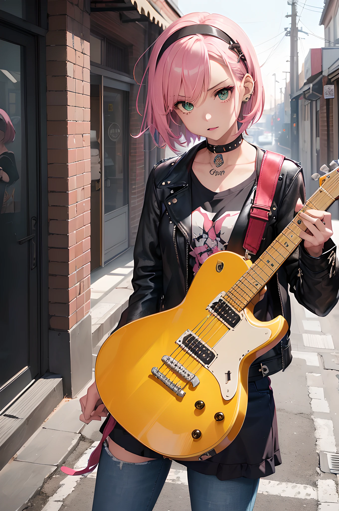 (masterpiece), (portrait), (aesthetic), (beautiful), (upper blody), (high quality), (aesthetic clothings), (professional angle), (rule of thirds), (Feminine), (woman), (female), (beautiful),(feminine features), (25 years), solo, 1 woman, (attractive Punk Girl), Winter, Dramatic light, ((Playing Guitar)), (Standing), Edgy Makeup, (Small bust), ((Electric Guitar)), (Front face), (Defiant expression), ((Rebellious)), (Leather Jacket and Tattoos), ((Short hair)), (Dyed (e.g. and Pink) hair), (Spiky hair), (Thick hair), Matte shine hair, (Studded Hairband in hair), (Green eyes), (Bold and Daring look), (Pale skin), (Dark Colors clothing), (Band T-Shirt), (Ripped Jeans), (-), Crew Neck neckline), ((Urban Alley background)), (Close-up Shot), beautiful hands, two hands, normal hands, two arms, complete hands, beautiful body, beautiful fingers, normal fingers, five fingers, five fingers, (Thumb index meddle ring little fingers), beautiful ears, normal ears, beautiful eyes, shiny eyes, beautiful mouth, beautiful lips,