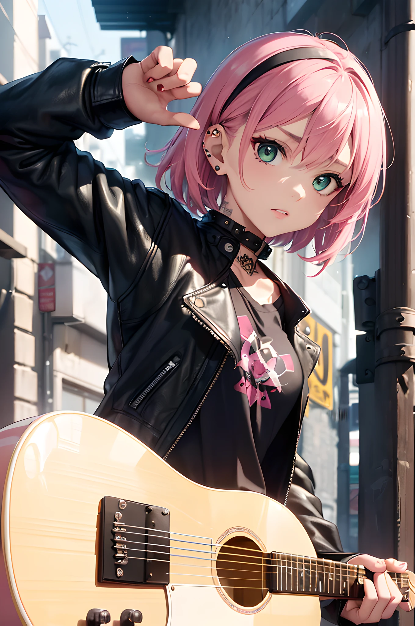 (masterpiece), (portrait), (aesthetic), (beautiful), (upper blody), (high quality), (aesthetic clothings), (professional angle), (rule of thirds), (Feminine), (woman), (female), (beautiful),(feminine features), (25 years), solo, 1 woman, (attractive Punk Girl), Winter, Dramatic light, ((Playing Guitar)), (Standing), Edgy Makeup, (Small bust), ((Electric Guitar)), (Front face), (Defiant expression), ((Rebellious)), (Leather Jacket and Tattoos), ((Short hair)), (Dyed (e.g. and Pink) hair), (Spiky hair), (Thick hair), Matte shine hair, (Studded Hairband in hair), (Green eyes), (Bold and Daring look), (Pale skin), (Dark Colors clothing), (Band T-Shirt), (Ripped Jeans), (-), Crew Neck neckline), ((Urban Alley background)), (Close-up Shot), beautiful hands, two hands, normal hands, two arms, complete hands, beautiful body, beautiful fingers, normal fingers, five fingers, five fingers, (Thumb index meddle ring little fingers), beautiful ears, normal ears, beautiful eyes, shiny eyes, beautiful mouth, beautiful lips,