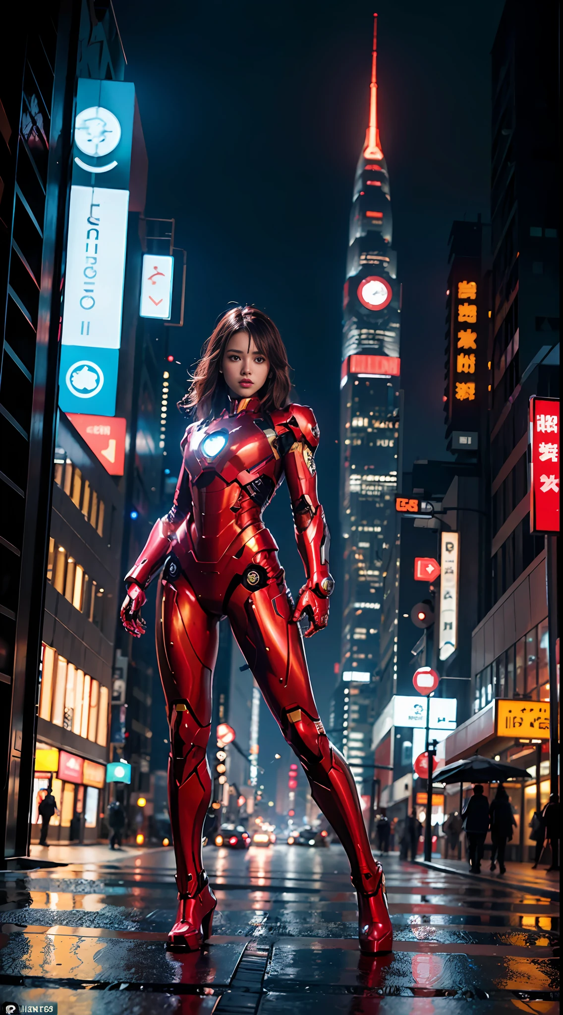8k, realistic, attractive, highly detailed, a 20 year old girl a sexy and attractive woman inspired by Iron Man wearing a shiny Iron Man mech. She dresses with sexiness and confidence, perfectly interpreting Iron Man's strength and charisma. In a cyberpunk-style city night scene, a sexy and attractive woman takes Iron Man's cosplay as the theme. Wearing a shiny Iron Man mech, she stands on a street lined with tall buildings. The night lights of the city are bright, reflecting on her mecha, adding a sense of future technology. The surrounding buildings and streets are full of cyberpunk elements, such as neon lights, high-tech devices and futuristic architectural designs. The whole scene is full of futuristic and sci-fi atmosphere. This high-definition, high-quality picture will bring you stunning visual enjoyment, a perfect combination of sexy, futuristic and sci-fi elements. oc rendering, dramatic lighting, award winning quality
