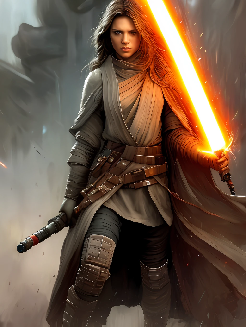 medium range portrait of a hyperdetailed in the style of a A Star Wars’s Jedi Grandmaster in the style of Mark Demsteader, Jedi character, high angle shot (pleasant:1.3) thoughtful expression, (using a light saber:1.3), cinematic shot on canon 5d ultra realistic skin, Steve Henderson Fabian Perez Henry Asencio, Jeremy Mann Marc Simonetti fantasy magical horror atmosphere, (highly detailed environment:1.3), high angle shot, extreme dynamic action poses