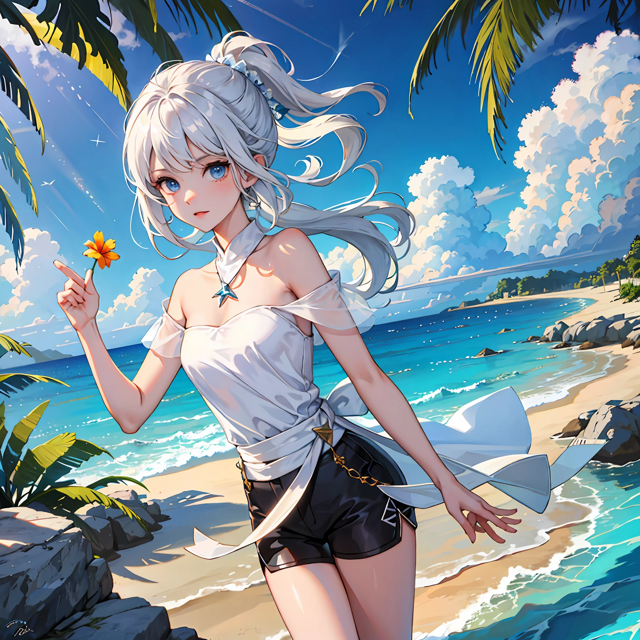 Solo, a handsome boy, a man with short white hair, blue eyes, wearing a white T, black shorts, tropical beach scene, sailboat, palm trees and rocky coastline, clear blue waters, higher quality, high detail, super high resolution, 8k resolution, master works, best picture quality, depth of field, panorama, island, reef, crystal clear water, pebbles, petals floating, flowers, islands.